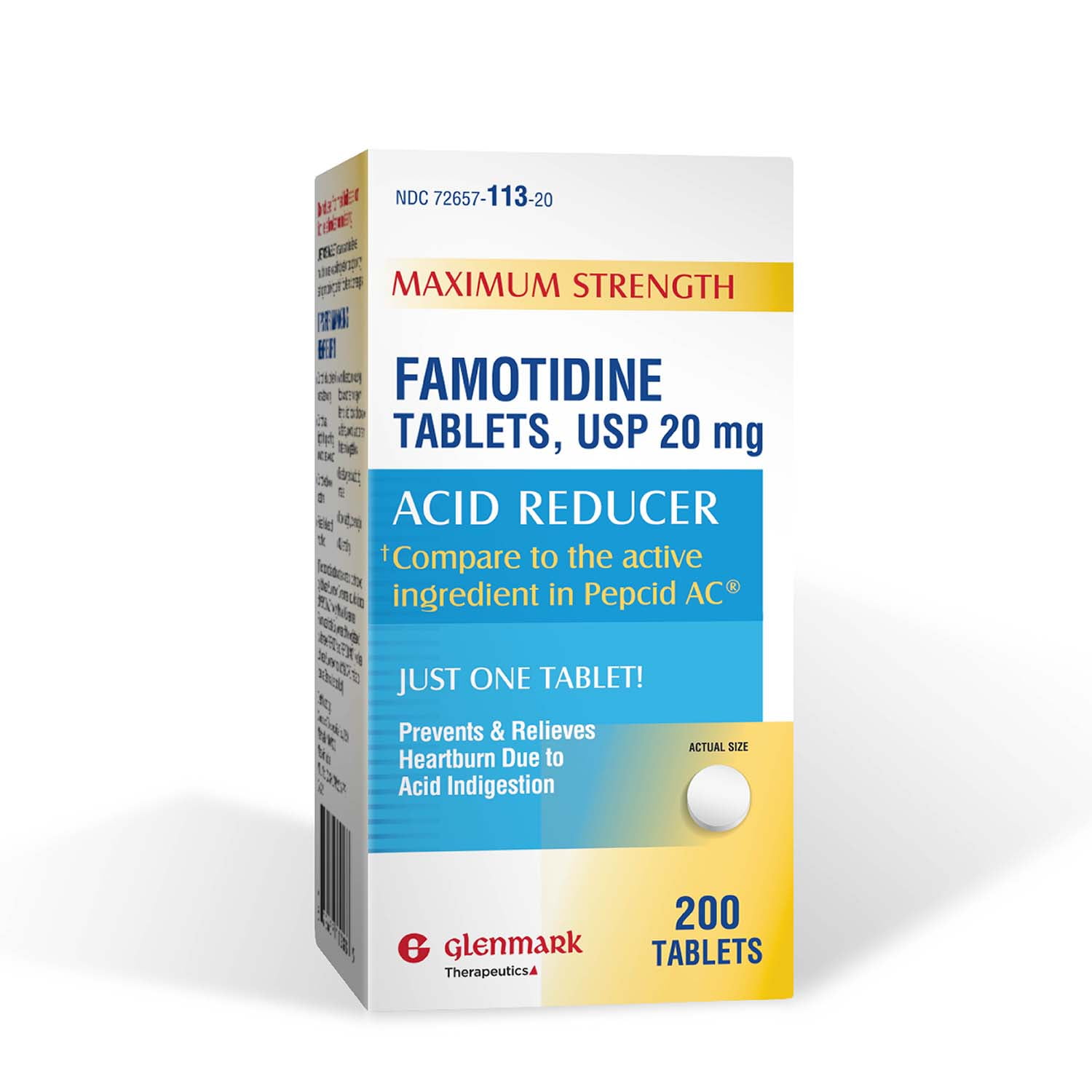 Glenmark 20mg Famotidine Acid Reducer Tablets for Heartburn Relief 200 Count