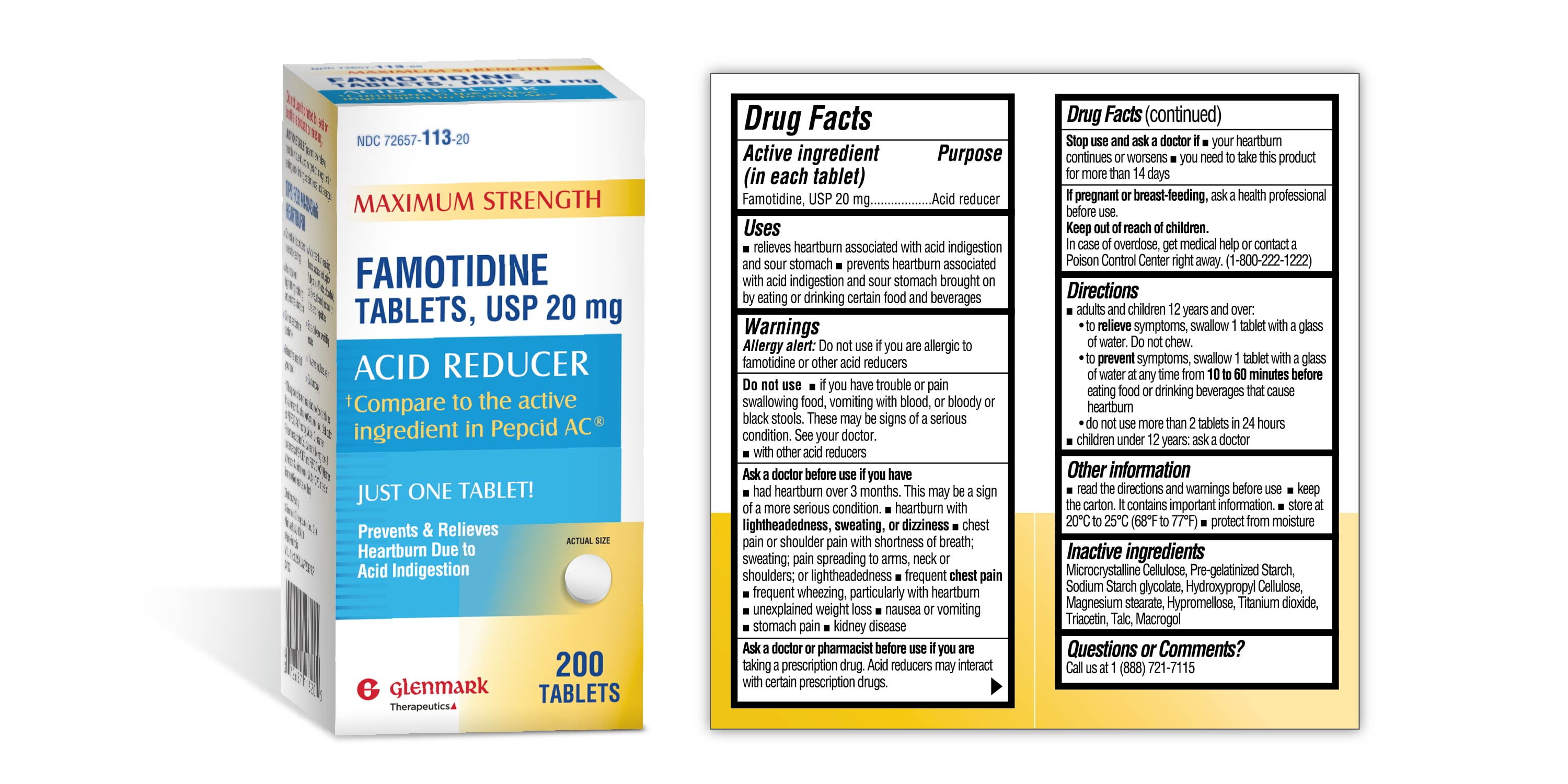 Glenmark 20mg Famotidine Acid Reducer Tablets for Heartburn Relief 200 Count