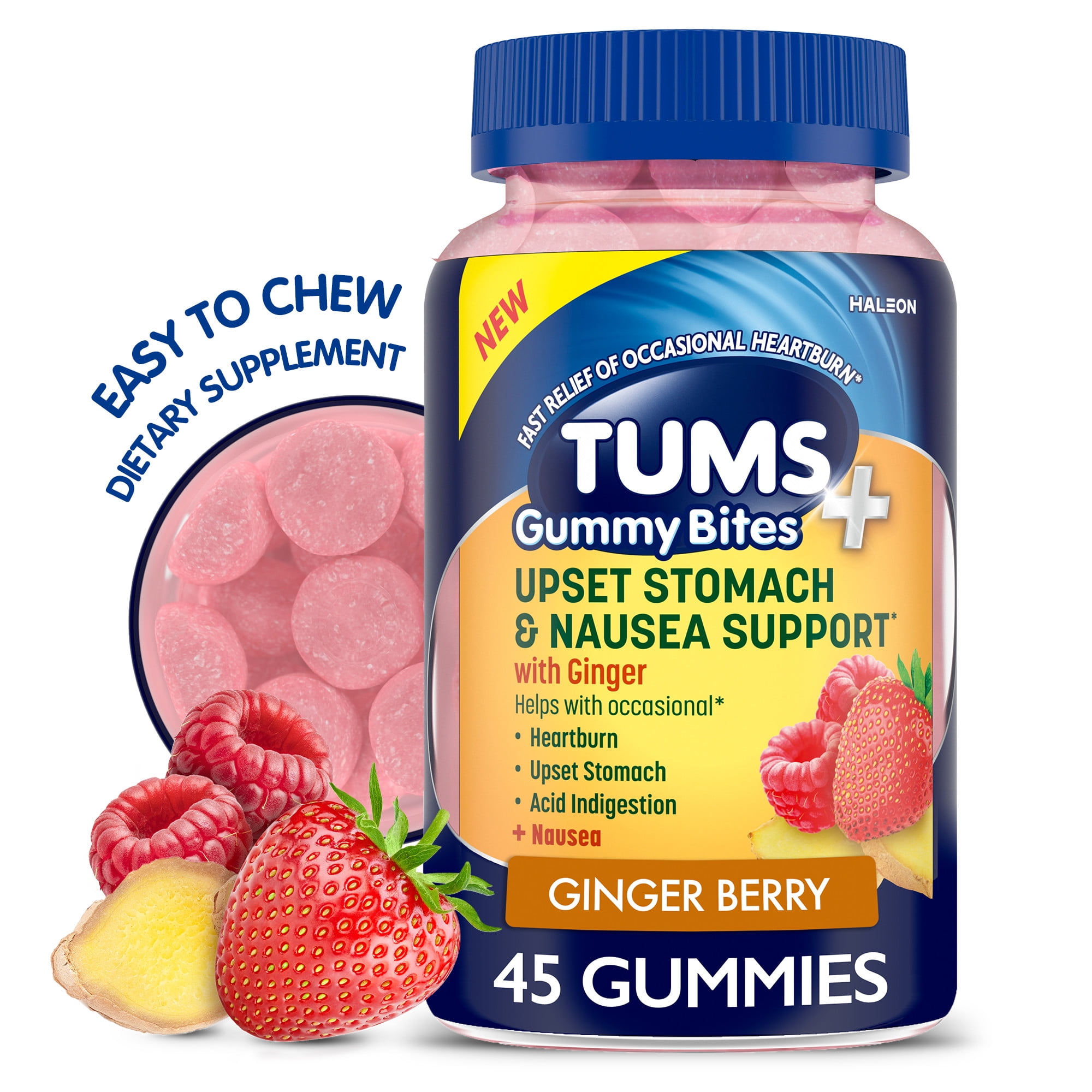 Tums+ Upset Stomach Nausea Support Ginger Berry 45 Count Supplement