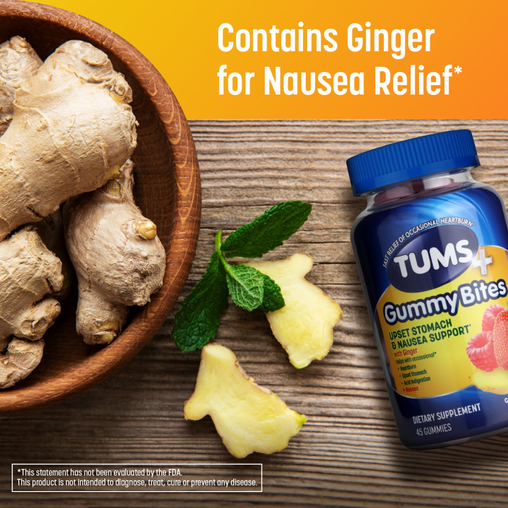 Tums+ Upset Stomach Nausea Support Ginger Berry 45 Count Supplement