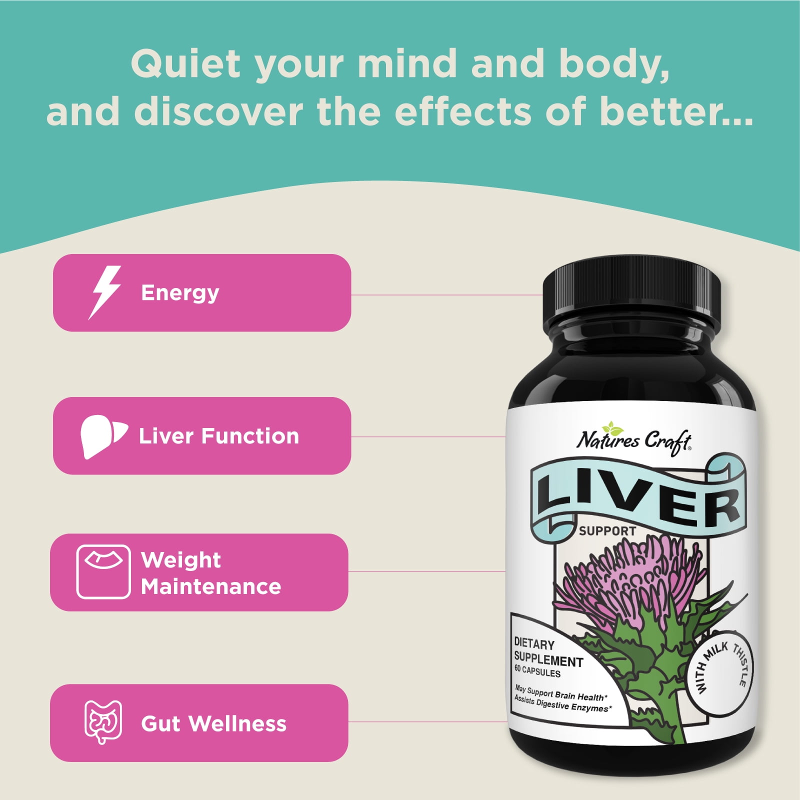 Natures Craft Vegan Liver Support Supplement with Milk Thistle - 60 Capsules