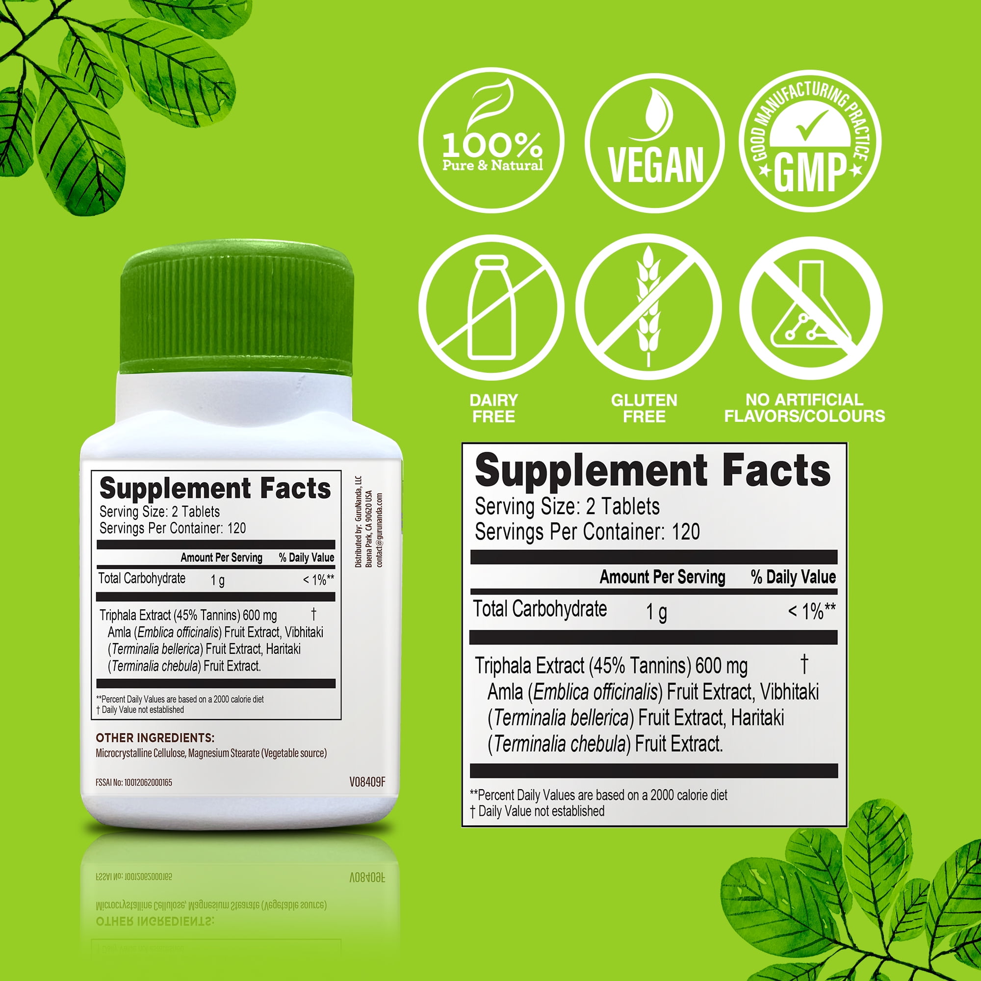 GuruNanda Triphala Digestive Supplement with Amla, Vibhitaki & Haritaki - 500mg