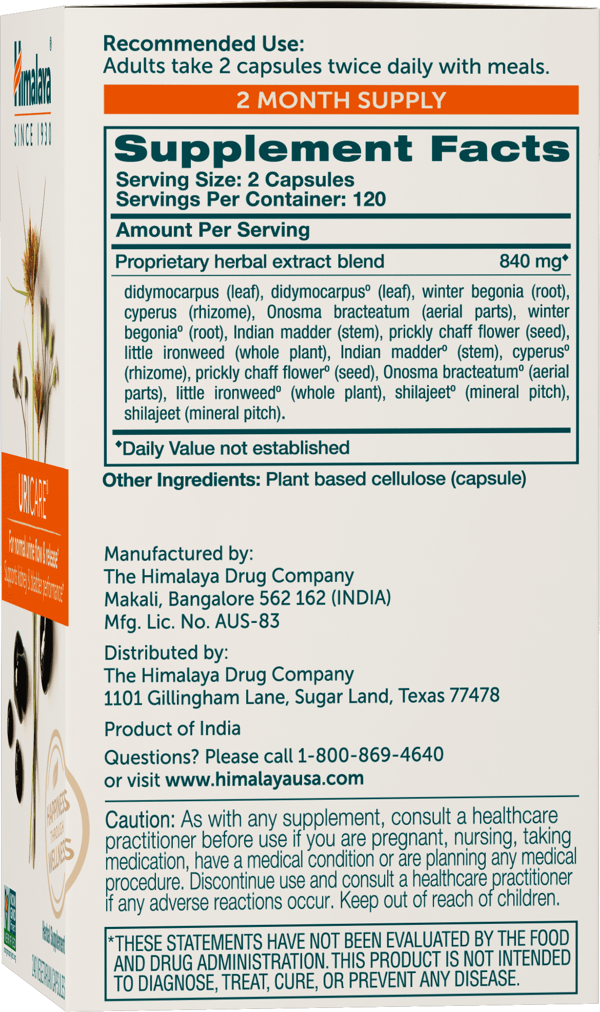 Himalaya UriCare Herbal Supplement for Kidney & Bladder Support - 240 Capsules