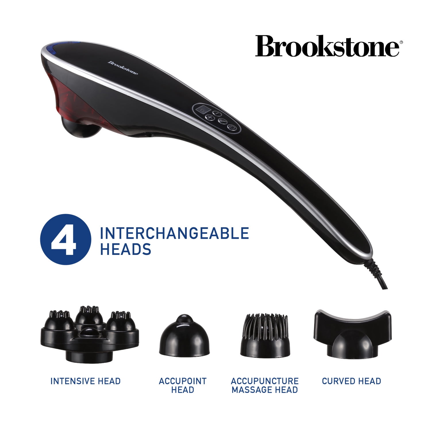 Brookstone Handheld Percussion Massager with 4 Vibration Modes & 5 Heads - Black