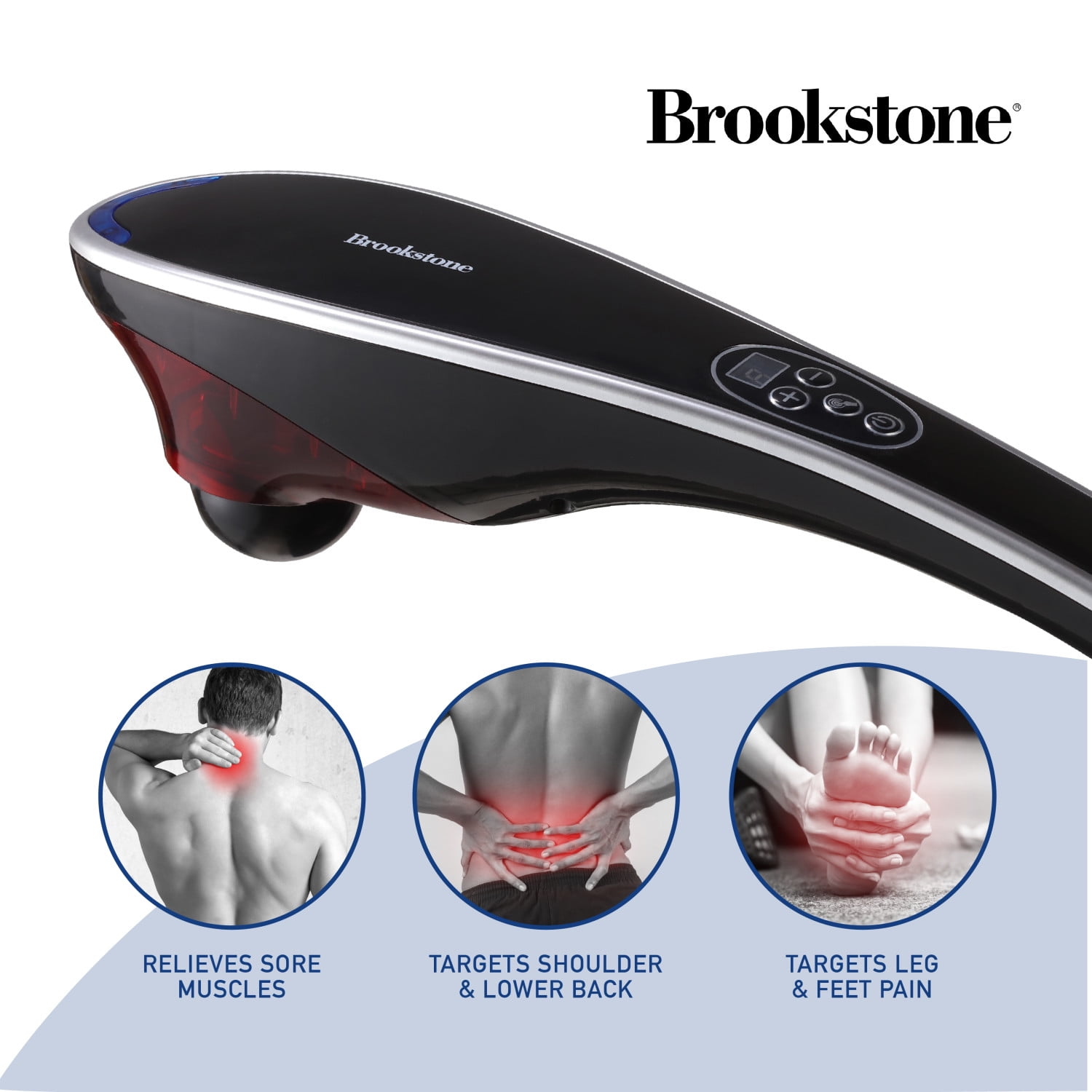 Brookstone Handheld Percussion Massager with 4 Vibration Modes & 5 Heads - Black