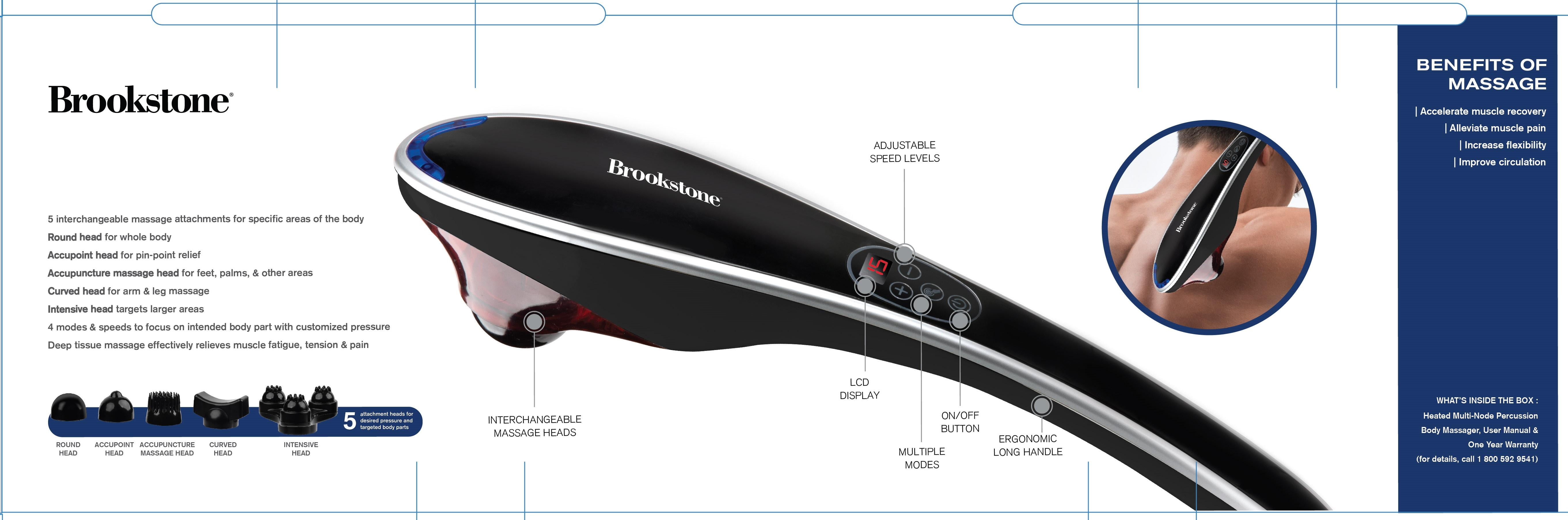 Brookstone Handheld Percussion Massager with 4 Vibration Modes & 5 Heads - Black