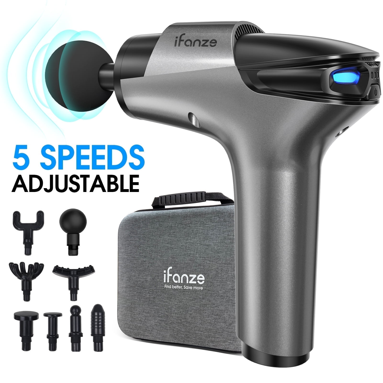 POSRUE DEEP TISSUE MASSAGE GUN WITH 5 SPEEDS & 8 HEADS, GRAY