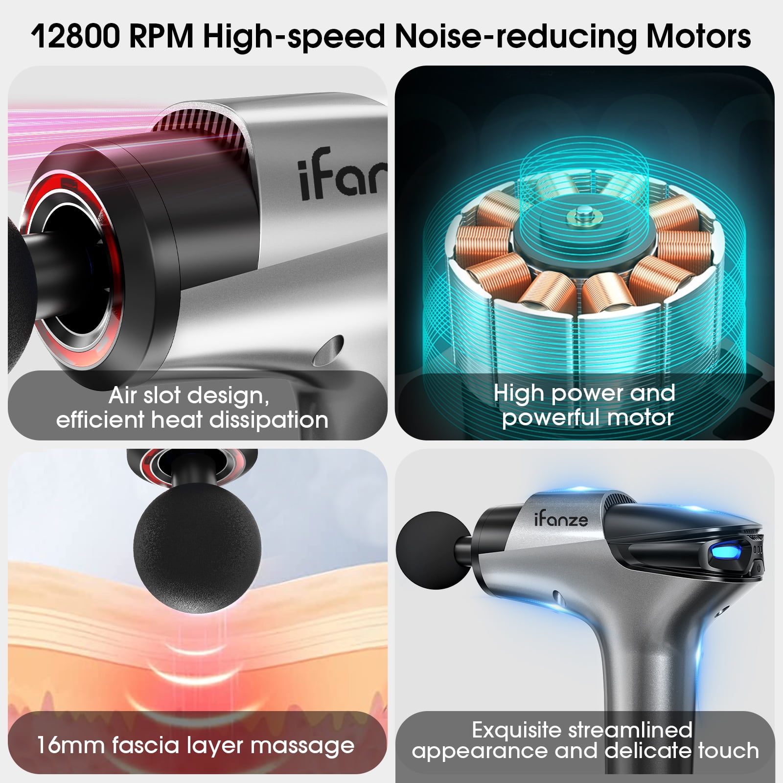 POSRUE DEEP TISSUE MASSAGE GUN WITH 5 SPEEDS & 8 HEADS, GRAY