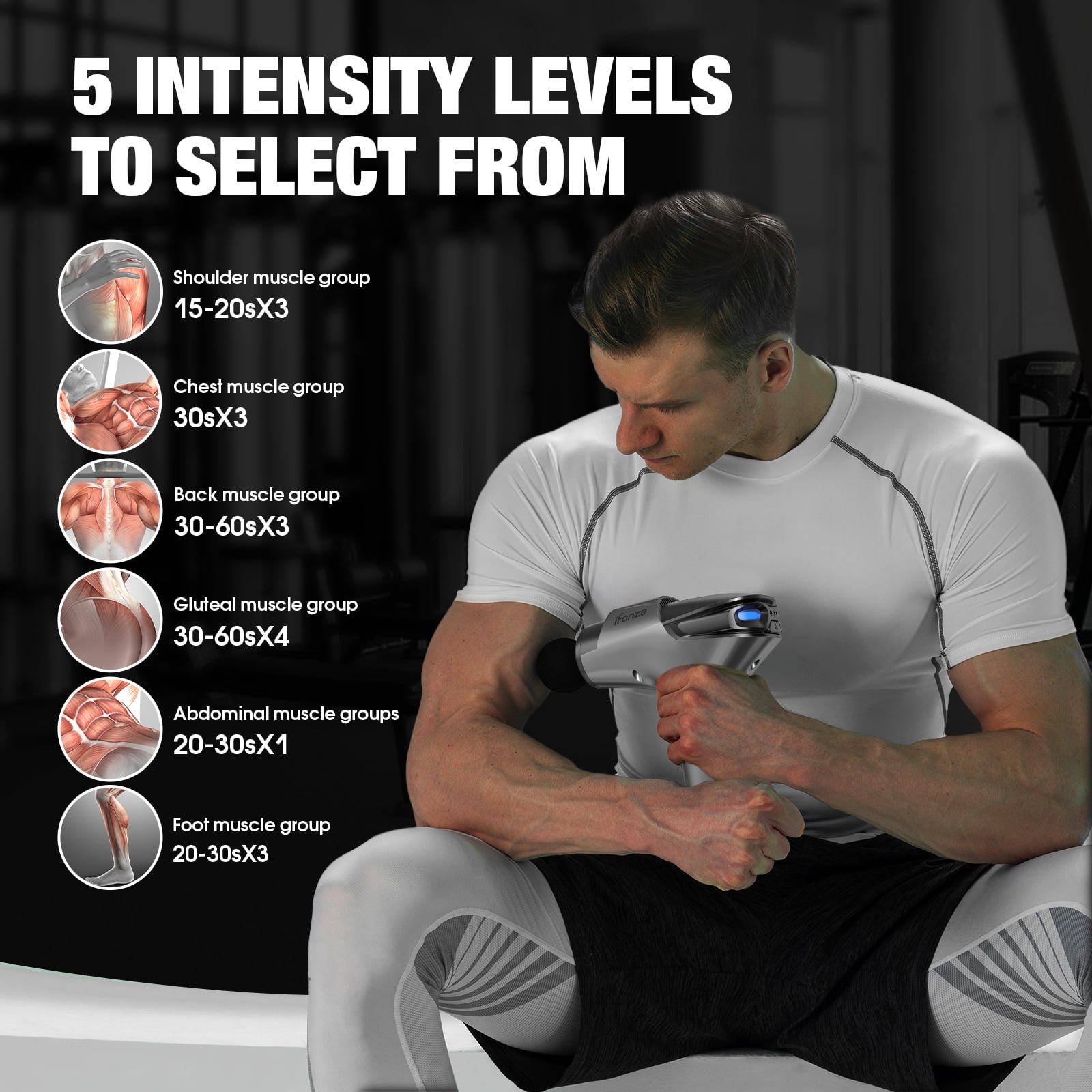 POSRUE DEEP TISSUE MASSAGE GUN WITH 5 SPEEDS & 8 HEADS, GRAY