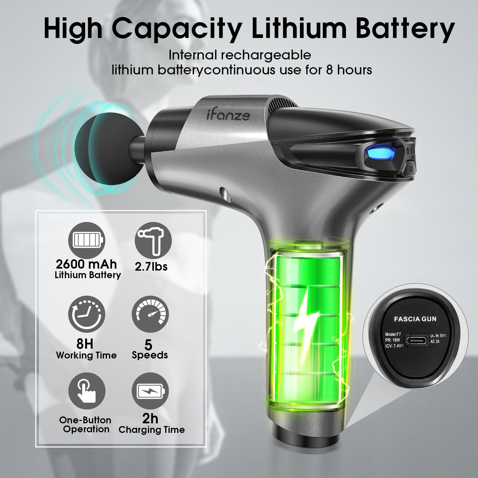 POSRUE DEEP TISSUE MASSAGE GUN WITH 5 SPEEDS & 8 HEADS, GRAY