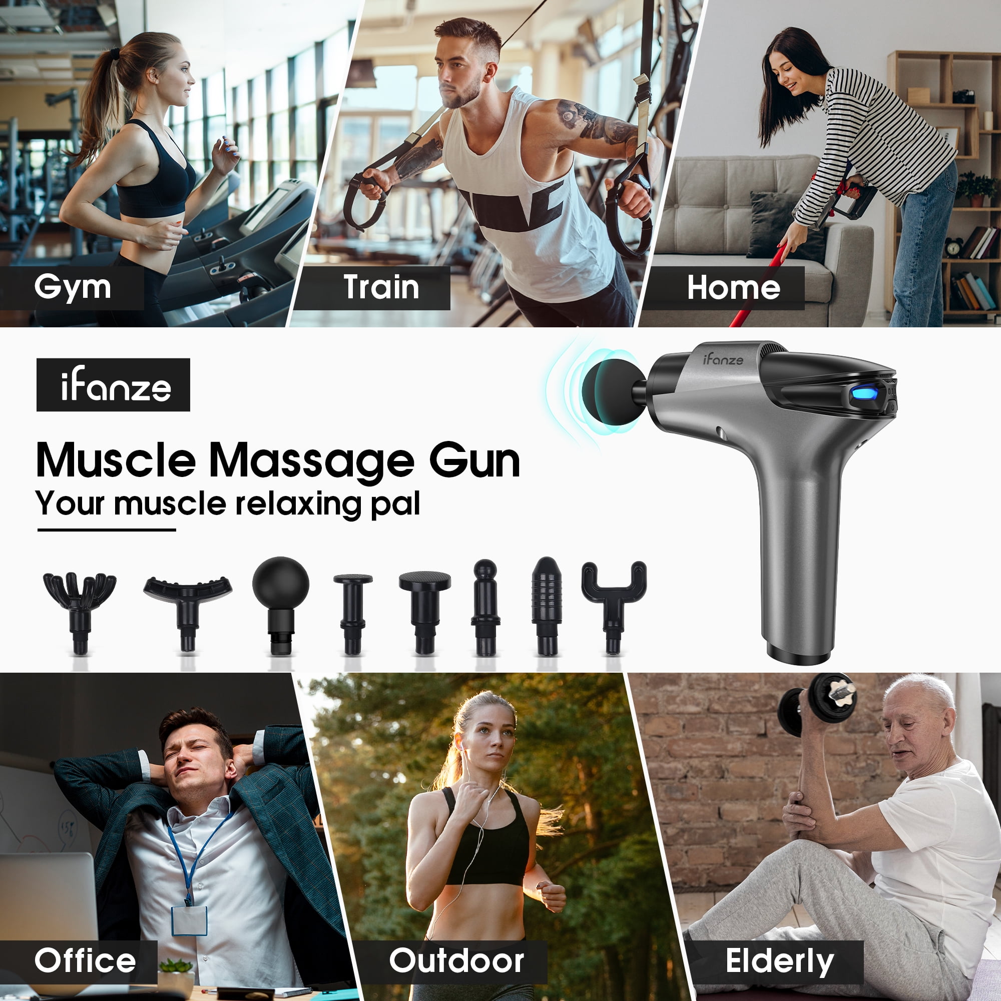 POSRUE DEEP TISSUE MASSAGE GUN WITH 5 SPEEDS & 8 HEADS, GRAY