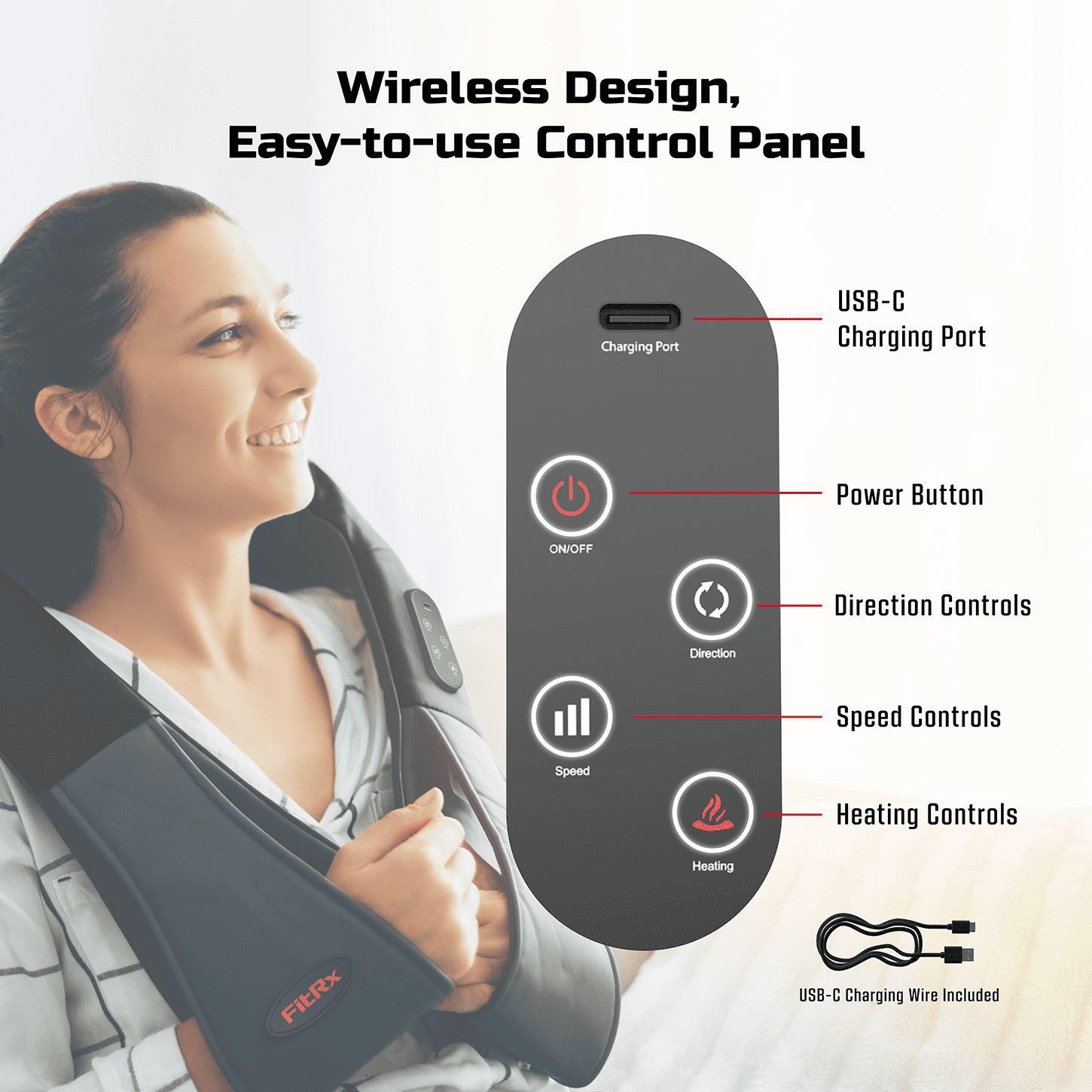 Fitrx Wireless Shiatsu Massager for Shoulders, Back & Neck with Heat, USB Rechargeable, Black