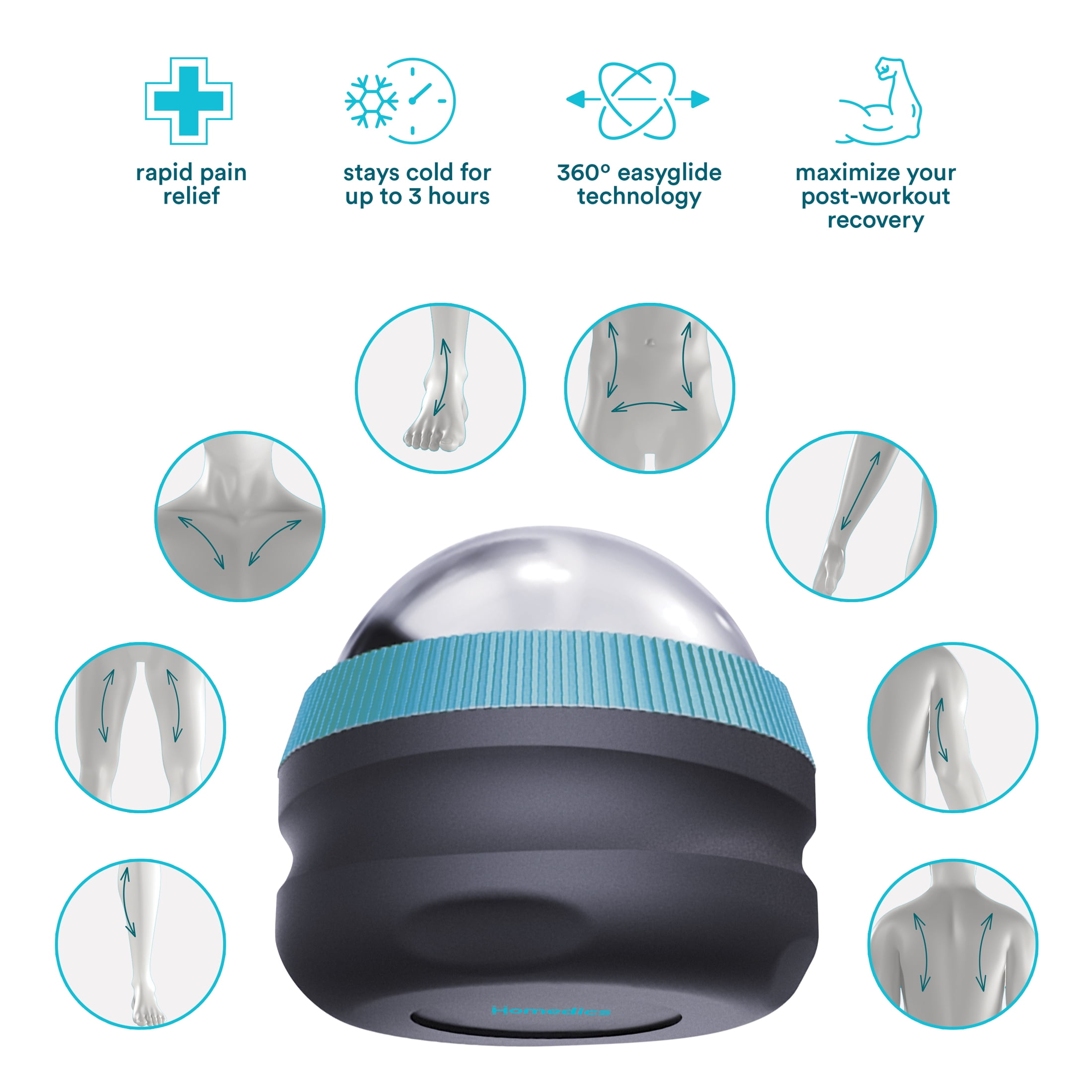 Homedics Small Icy-Glide Cold Therapy Massage Roller for Pain Relief, 2.56" Silver