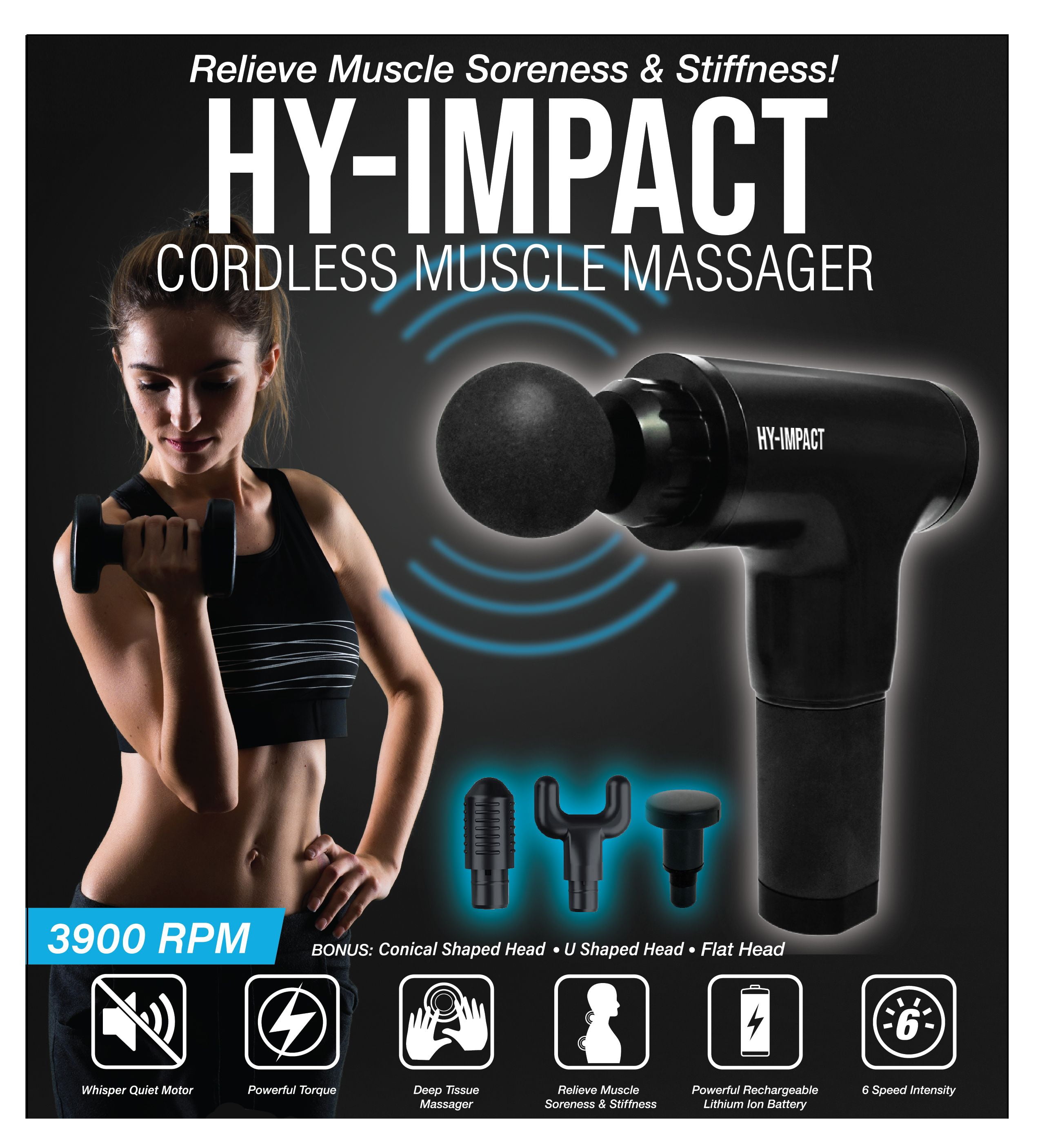 HY-IMPACT Cordless Muscle Massager with 4 Interchangeable Heads