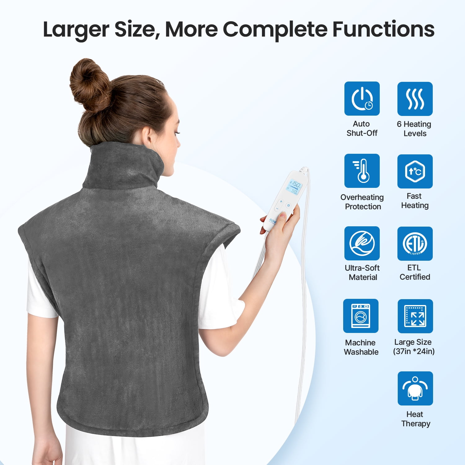 RENPHO Large Heating Pad with 6 Heat Levels, Auto Shut-off - Neck, Shoulders, Back - 24*37" Size