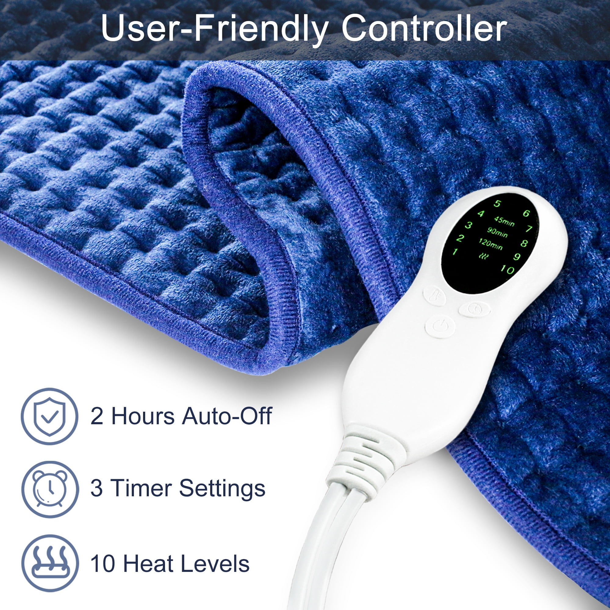 HOMLIXRY XXXL ELECTRIC HEATING PAD FOR PAIN RELIEF - 17" X 33", 10 HEAT SETTINGS, AUTO SHUT OFF - BLUE