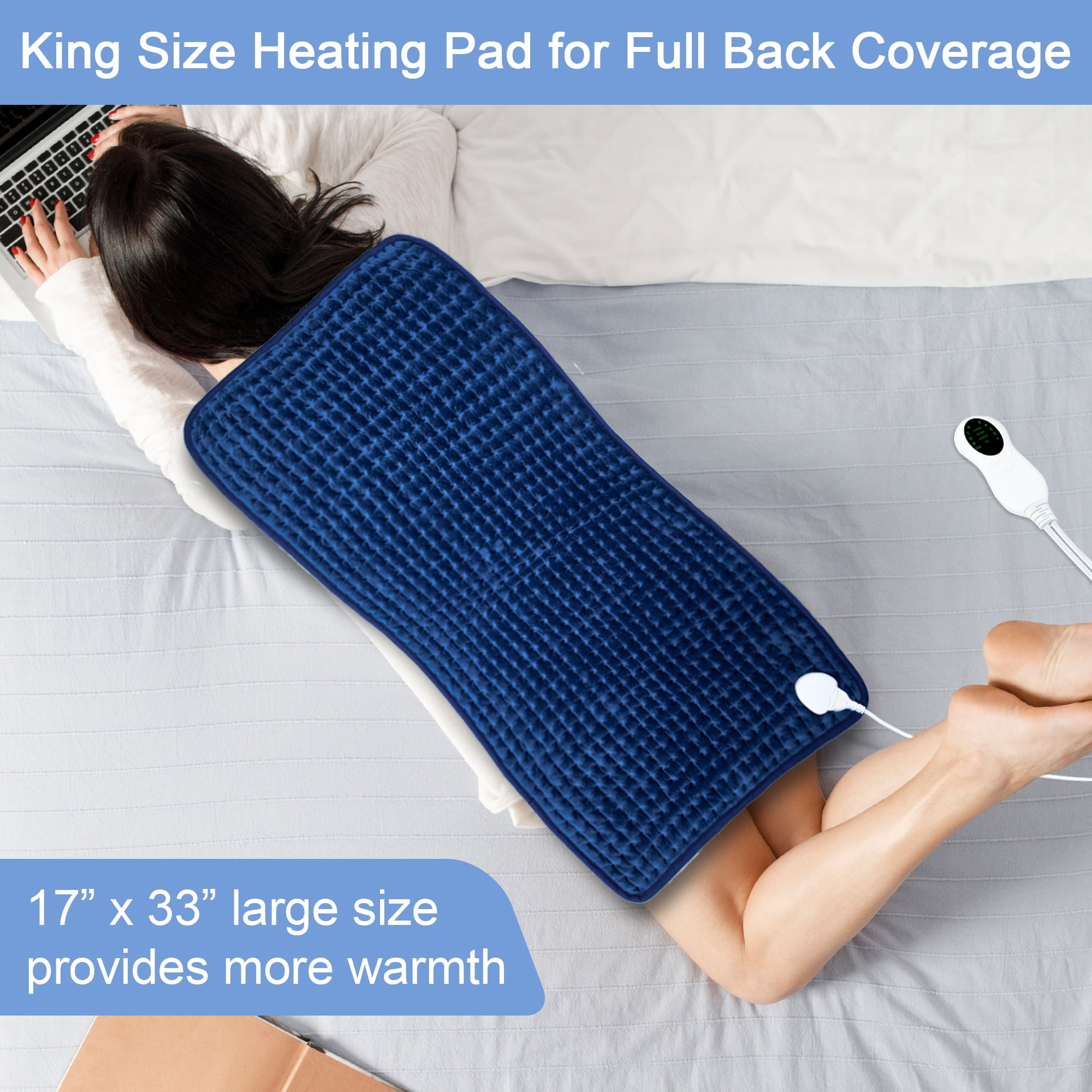 HOMLIXRY XXXL ELECTRIC HEATING PAD FOR PAIN RELIEF - 17" X 33", 10 HEAT SETTINGS, AUTO SHUT OFF - BLUE