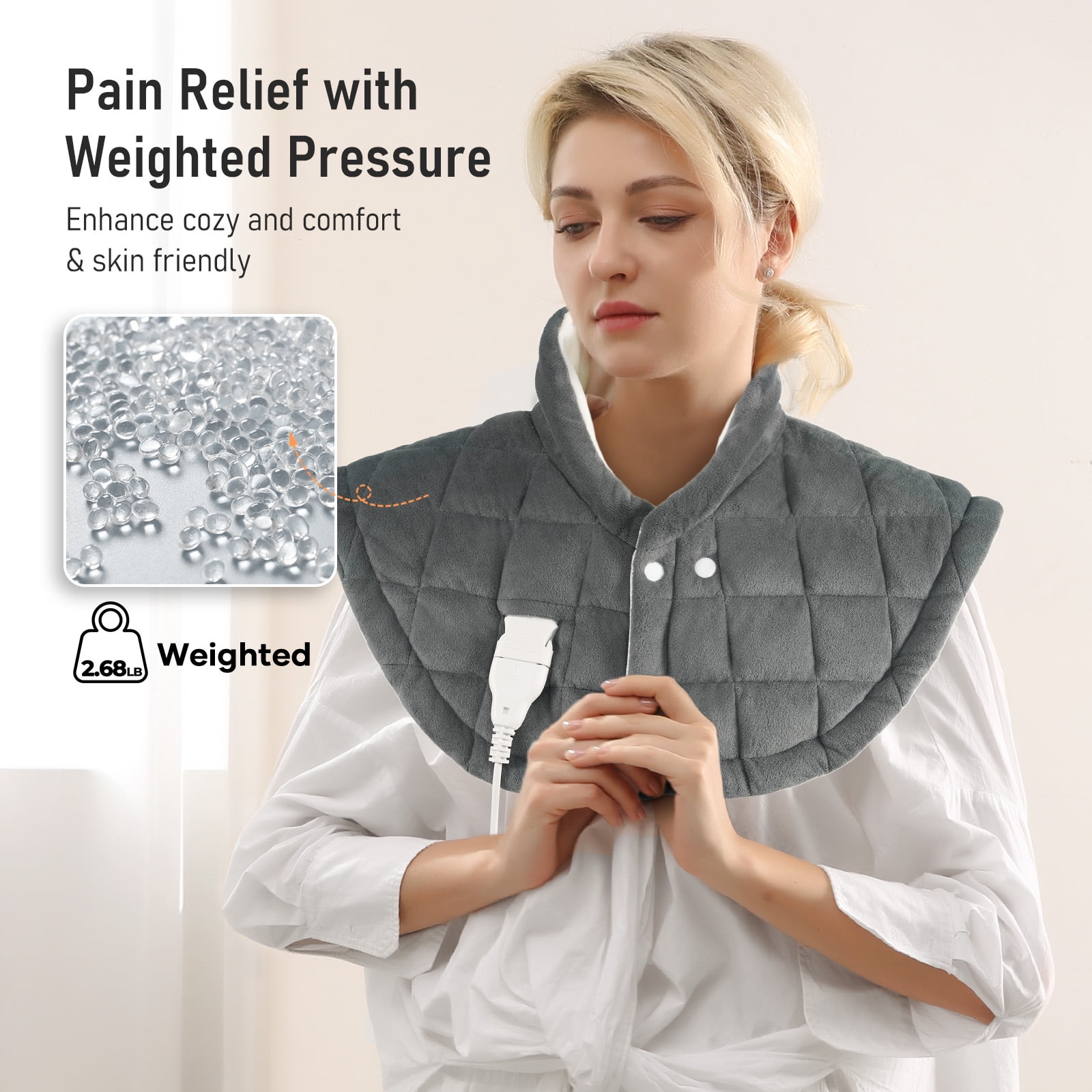 ENTIL WEIGHTED HEATING PAD FOR NECK AND SHOULDER - FAR INFRARED, 9 HEAT LEVELS, 2 TIMERS - GRAY CRYSTAL FABRIC - 24" X 24" - RELIEF FATIGUE'