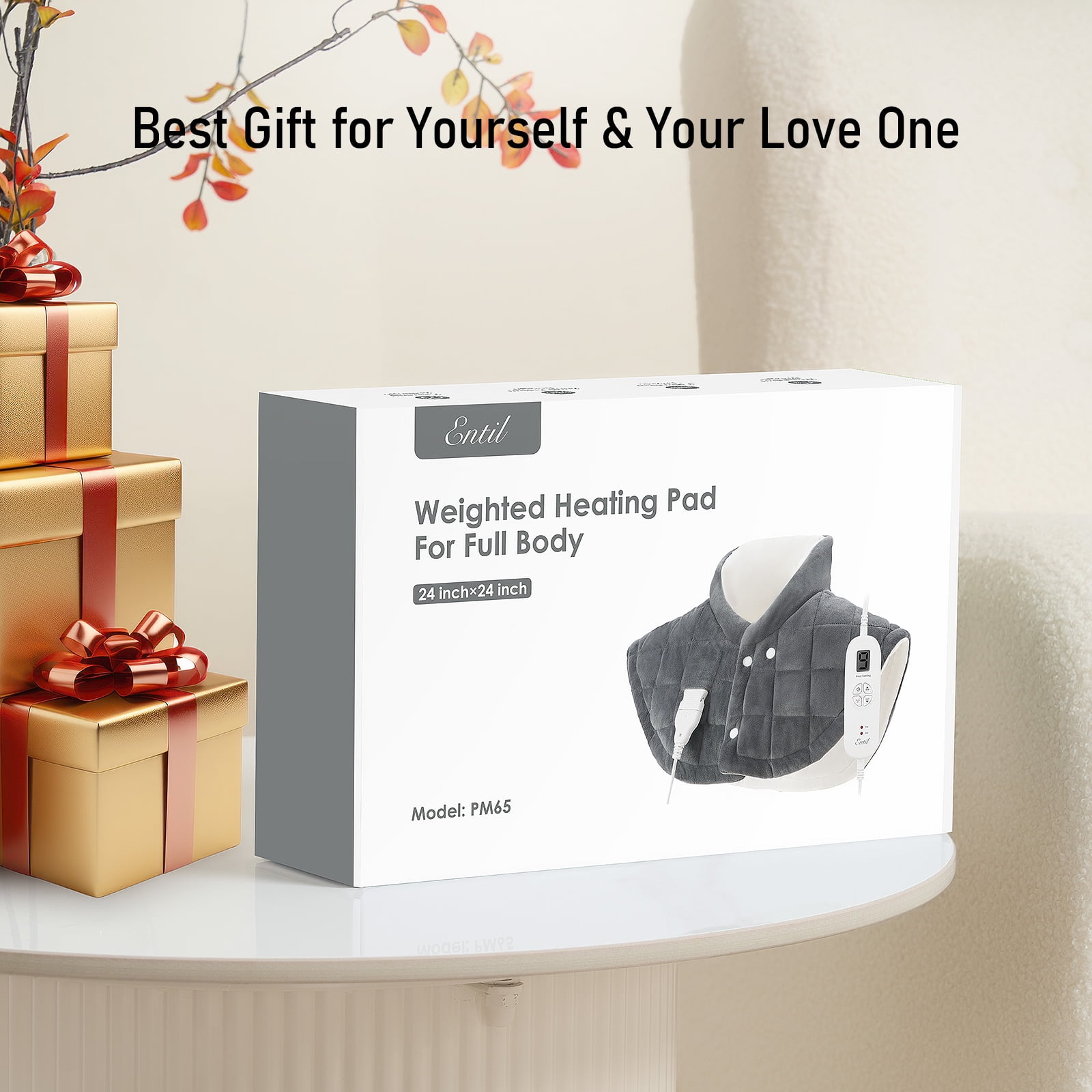ENTIL WEIGHTED HEATING PAD FOR NECK AND SHOULDER - FAR INFRARED, 9 HEAT LEVELS, 2 TIMERS - GRAY CRYSTAL FABRIC - 24" X 24" - RELIEF FATIGUE'