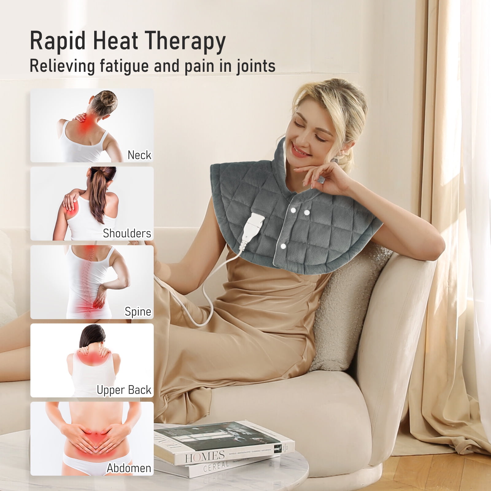ENTIL WEIGHTED HEATING PAD FOR NECK AND SHOULDER - FAR INFRARED, 9 HEAT LEVELS, 2 TIMERS - GRAY CRYSTAL FABRIC - 24" X 24" - RELIEF FATIGUE'