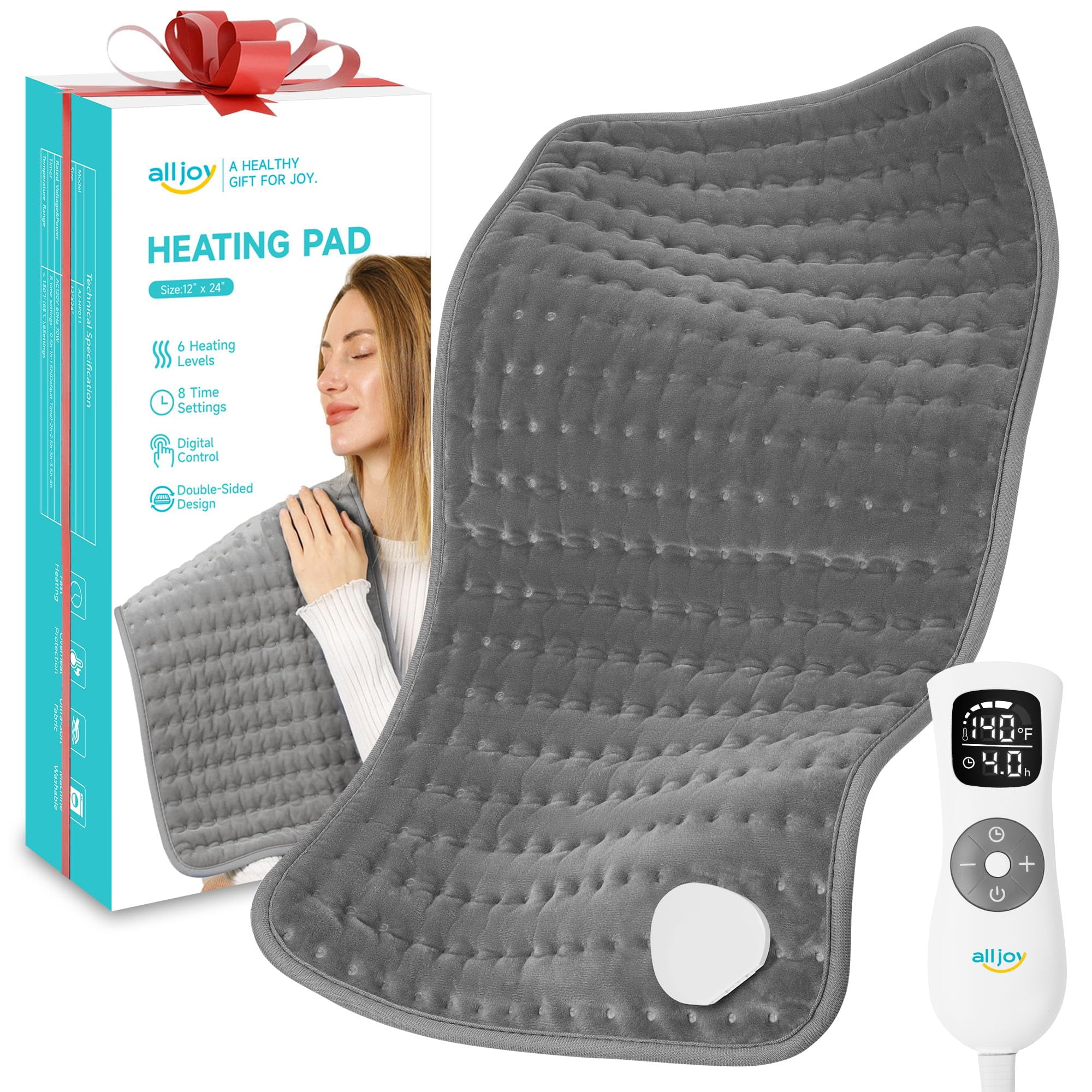 ALLJOY LARGE ELECTRIC HEATING PAD 24" X 12" WITH 6 HEAT LEVELS & AUTO SHUT OFF - GRAY