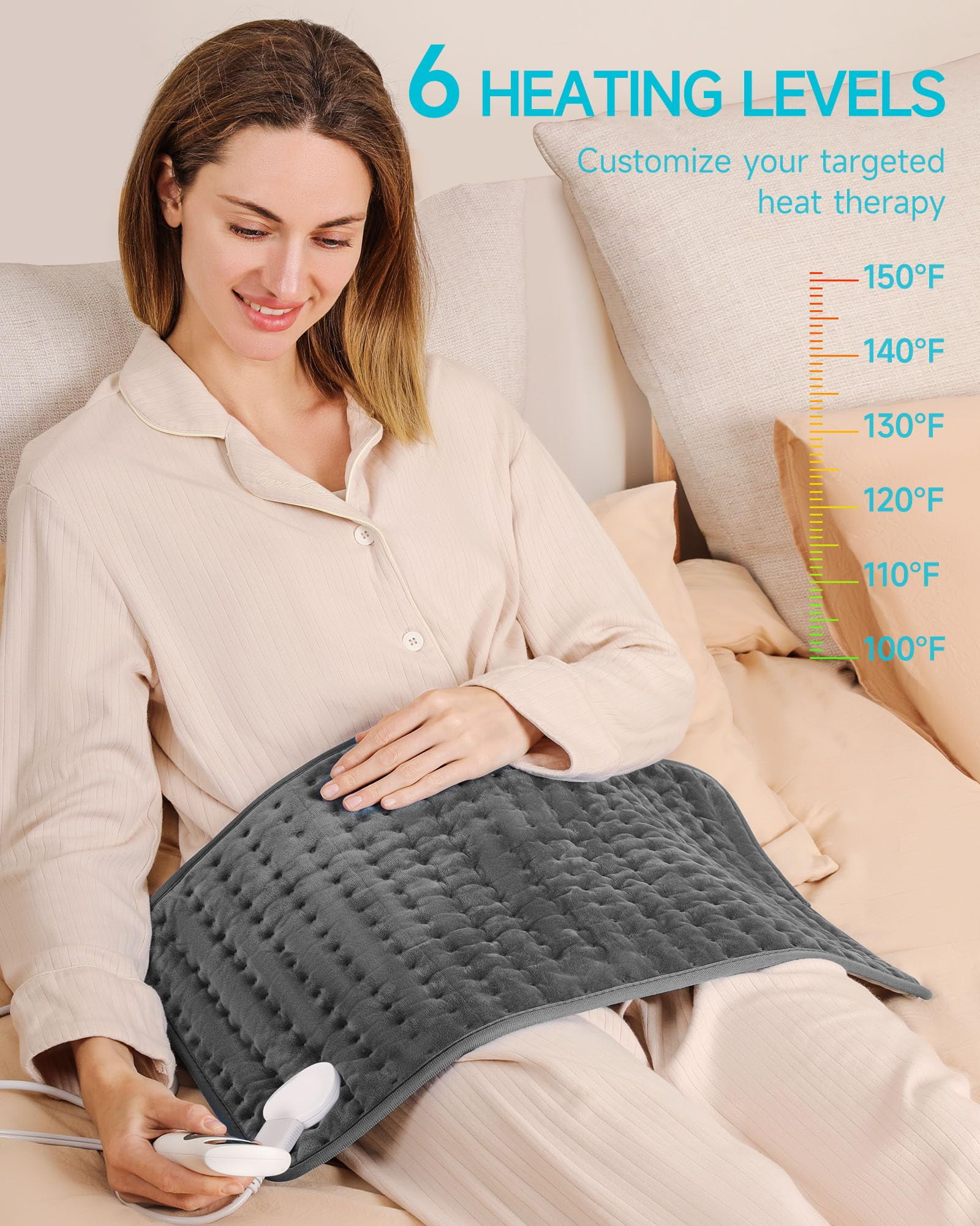 ALLJOY LARGE ELECTRIC HEATING PAD 24" X 12" WITH 6 HEAT LEVELS & AUTO SHUT OFF - GRAY