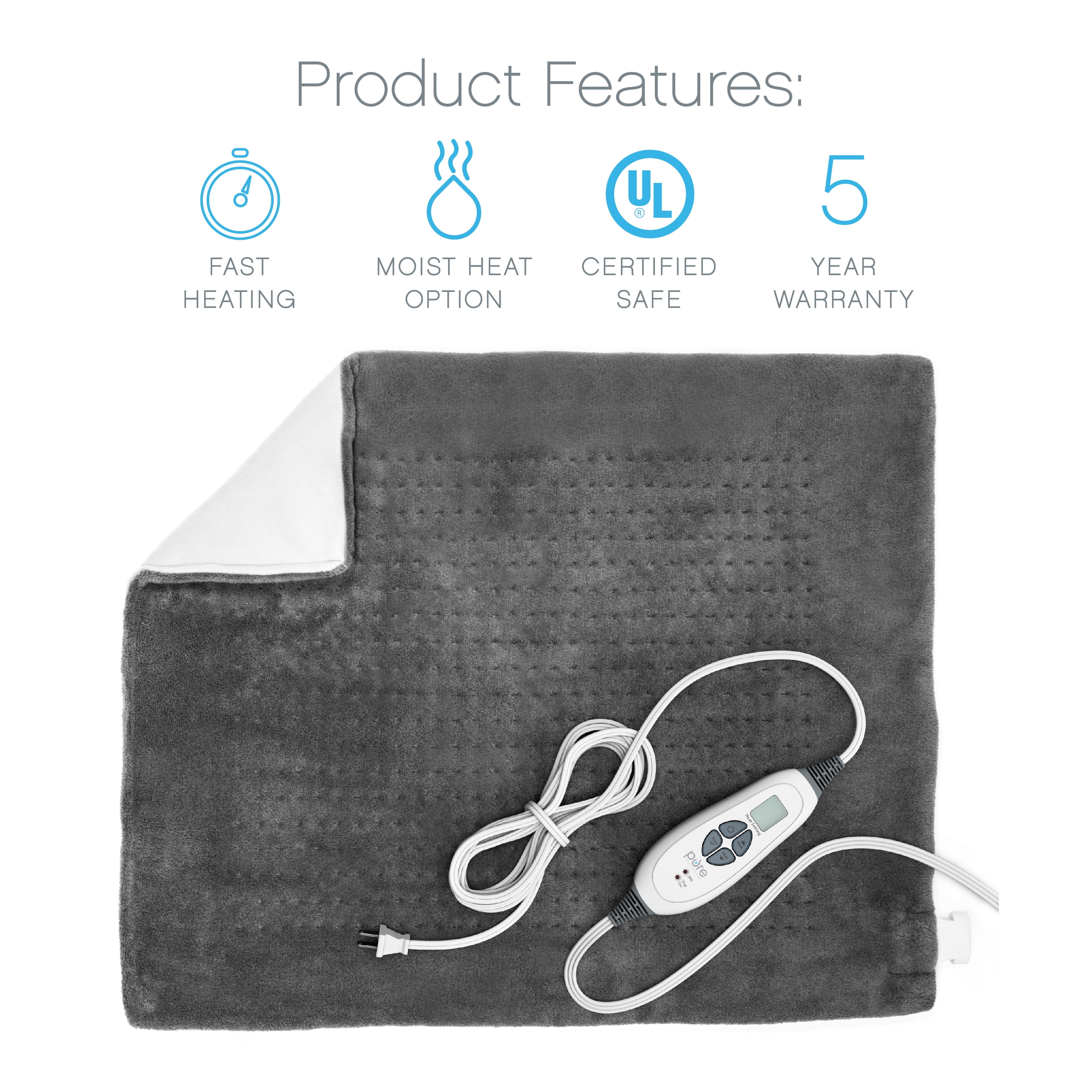 PURE ENCRICHMENT XXL ELECTRIC HEATING PAD FOR BACK PAIN & CRAMPS - 6 HEAT SETTINGS, WASHABLE MICROPLUSH, AUTO SHUT-OFF - GRAY