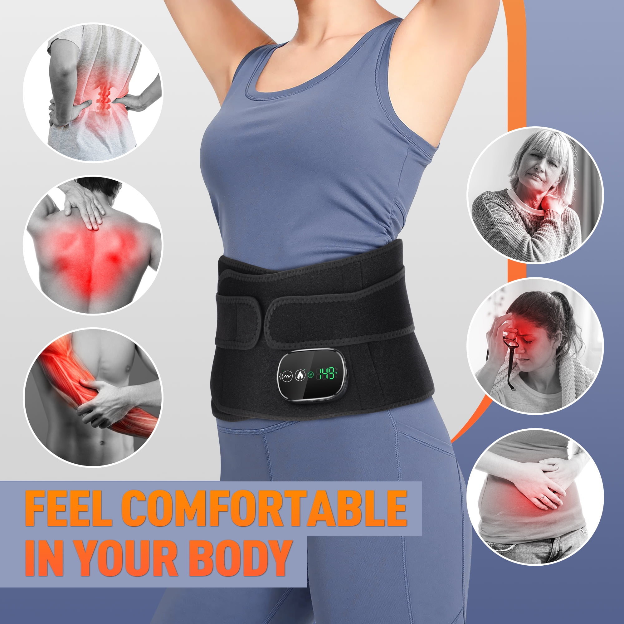 FITEASE WIRELESS HEATING BELT WITH MASSAGE FOR BACK & ABDOMEN, 3 MODES - BLACK