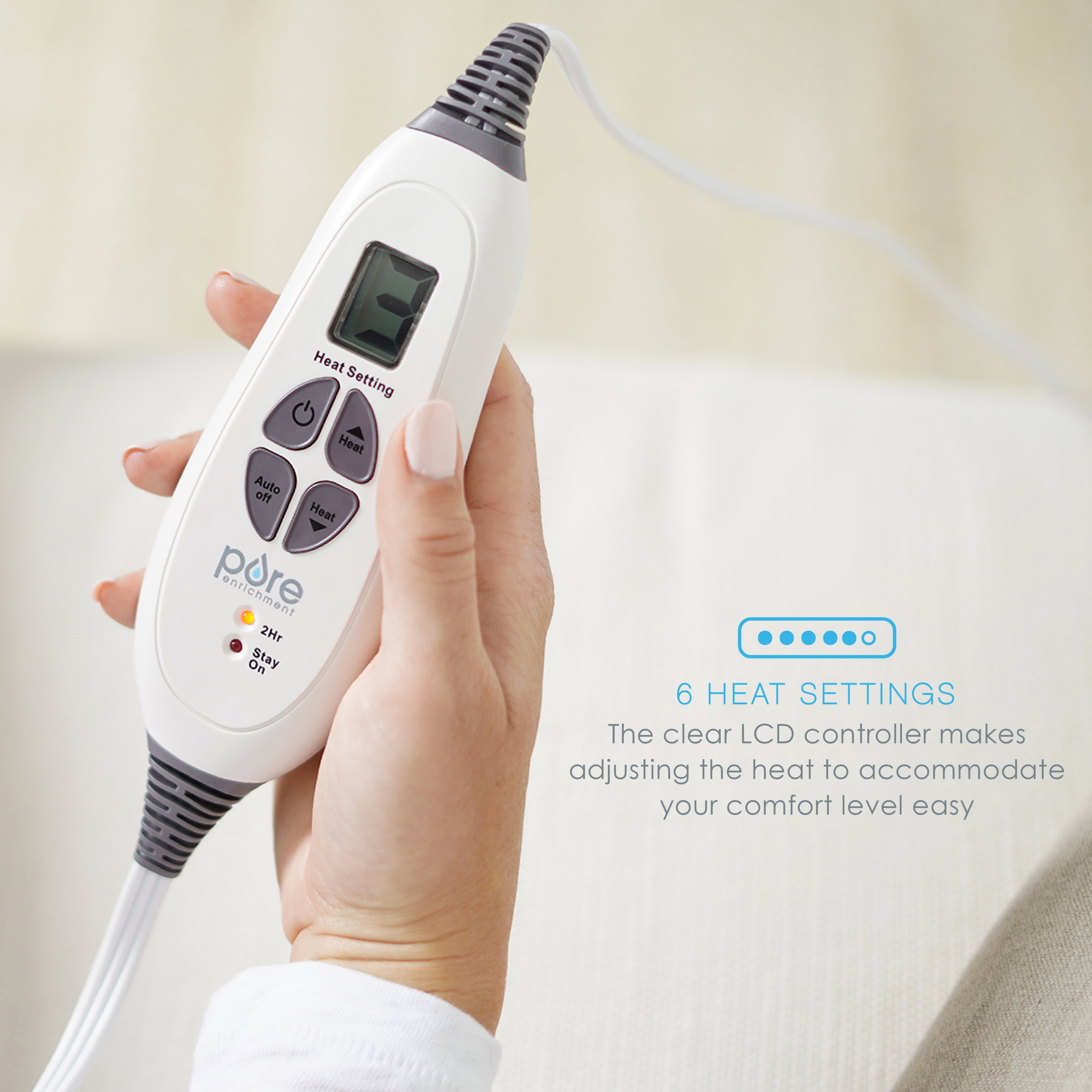 PURE ENCRICHMENT XXL ELECTRIC HEATING PAD FOR BACK PAIN & CRAMPS - 6 HEAT SETTINGS, WASHABLE MICROPLUSH, AUTO SHUT-OFF - GRAY