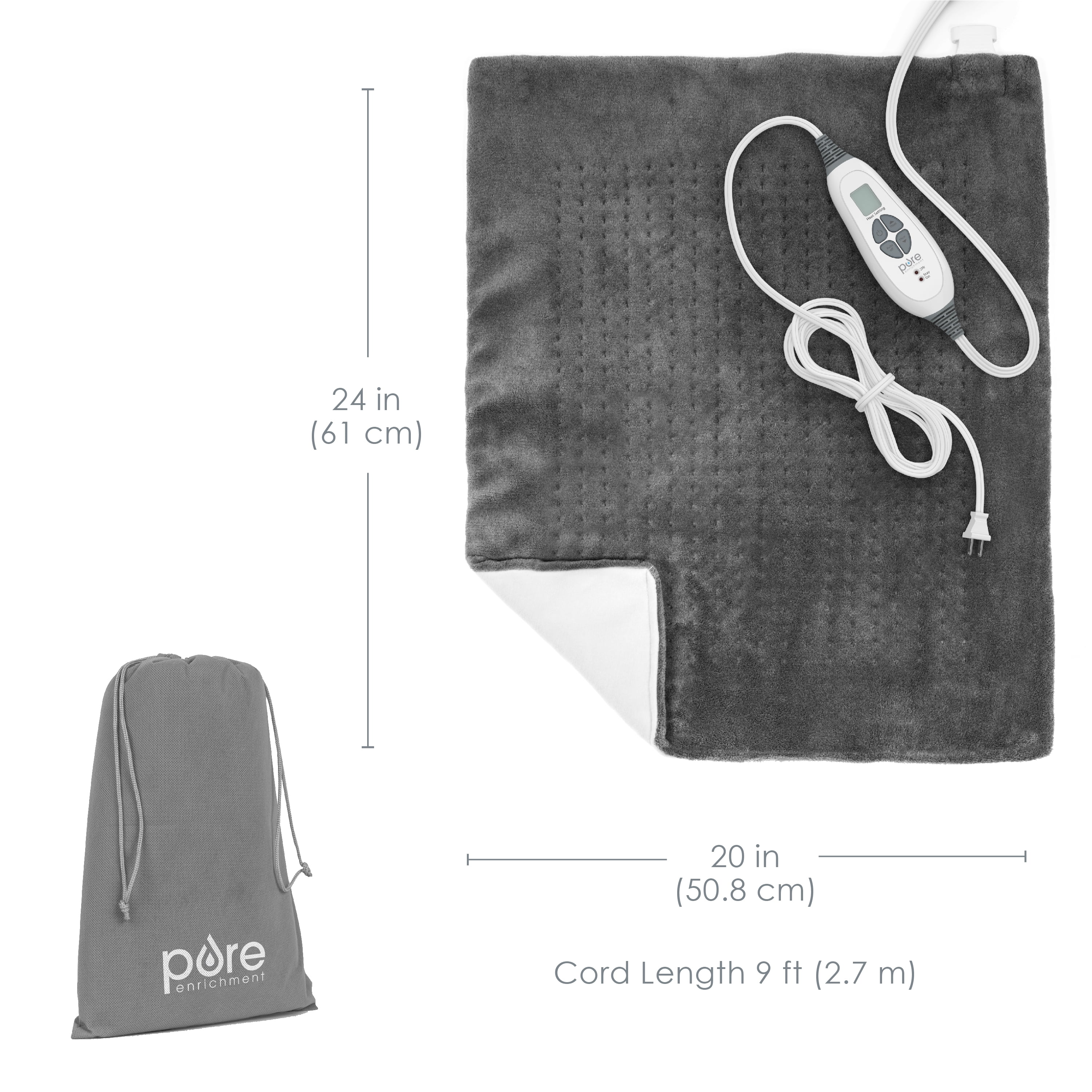 PURE ENCRICHMENT XXL ELECTRIC HEATING PAD FOR BACK PAIN & CRAMPS - 6 HEAT SETTINGS, WASHABLE MICROPLUSH, AUTO SHUT-OFF - GRAY