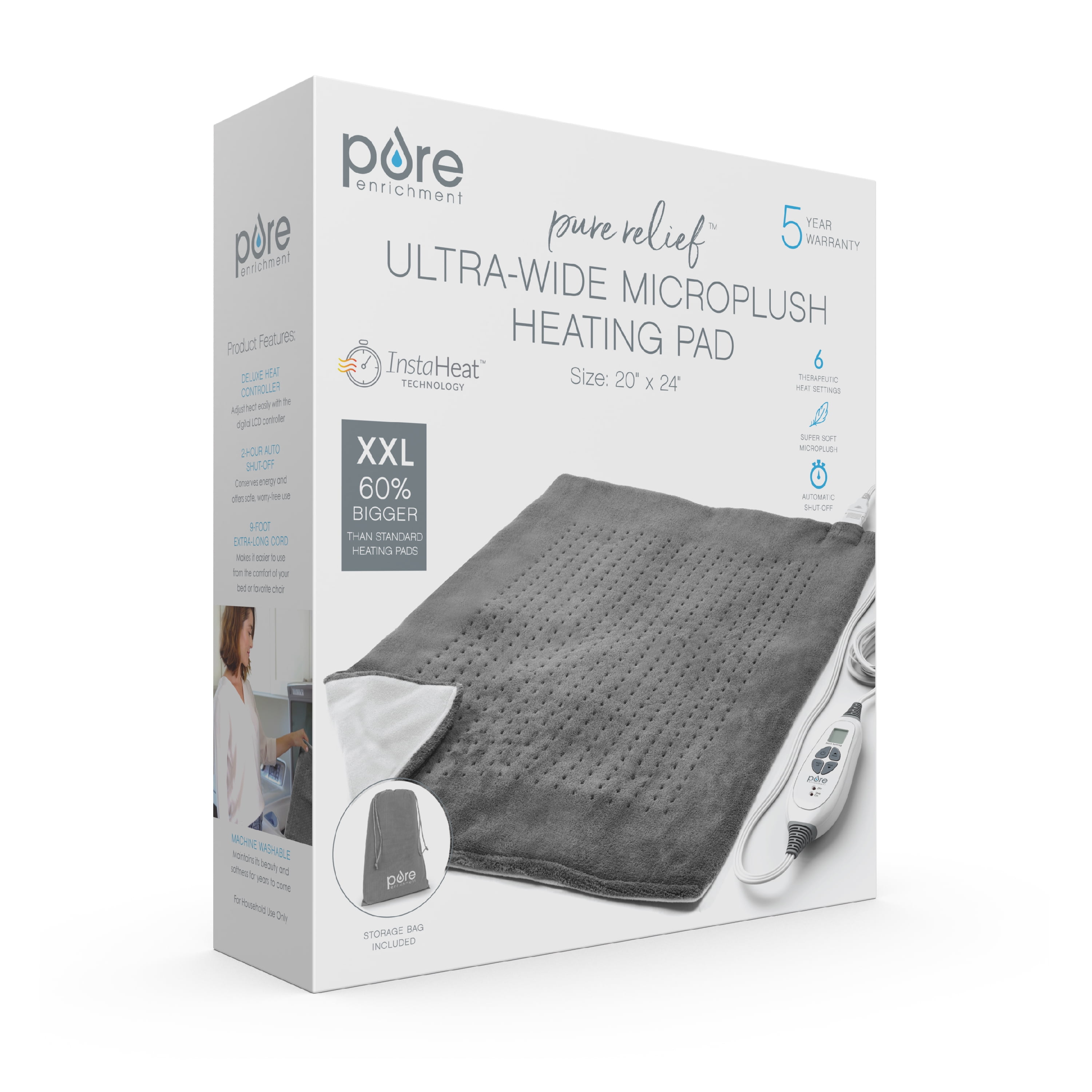 PURE ENCRICHMENT XXL ELECTRIC HEATING PAD FOR BACK PAIN & CRAMPS - 6 HEAT SETTINGS, WASHABLE MICROPLUSH, AUTO SHUT-OFF - GRAY
