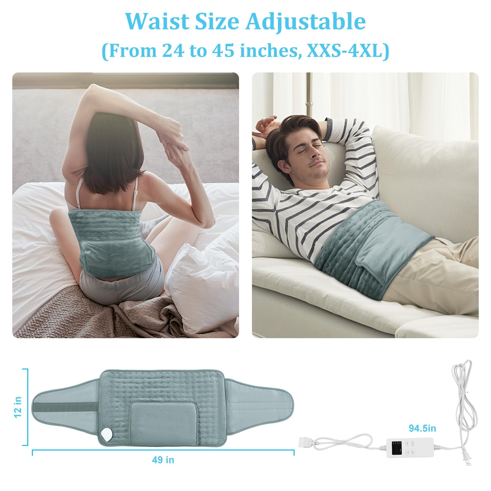 COCOBELA HEATED WRAP FOR BACK PAIN RELIEF - 6-HOUR AUTO SHUT OFF, 12X24 PAD + 20" BELT, ADJUSTABLE HEAT LEVELS