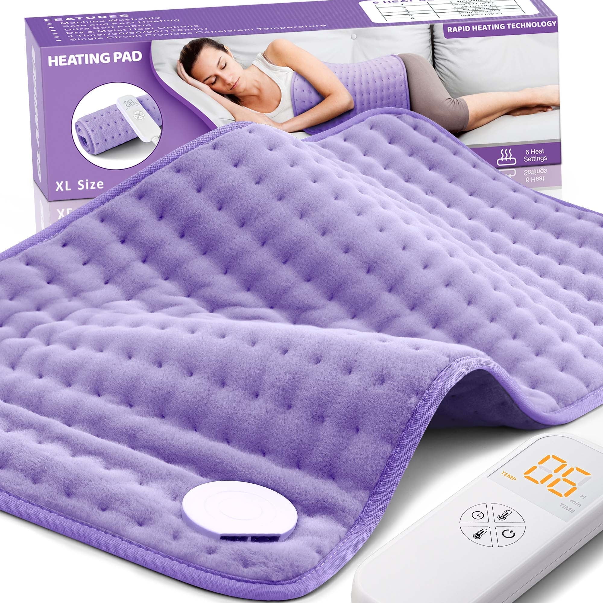 Glamigee Electric Heating Pad for Back Pain Relief - Neck & Shoulder Heat Pad - 6 Settings - Auto-off - Moist Heat - Washable - Purple