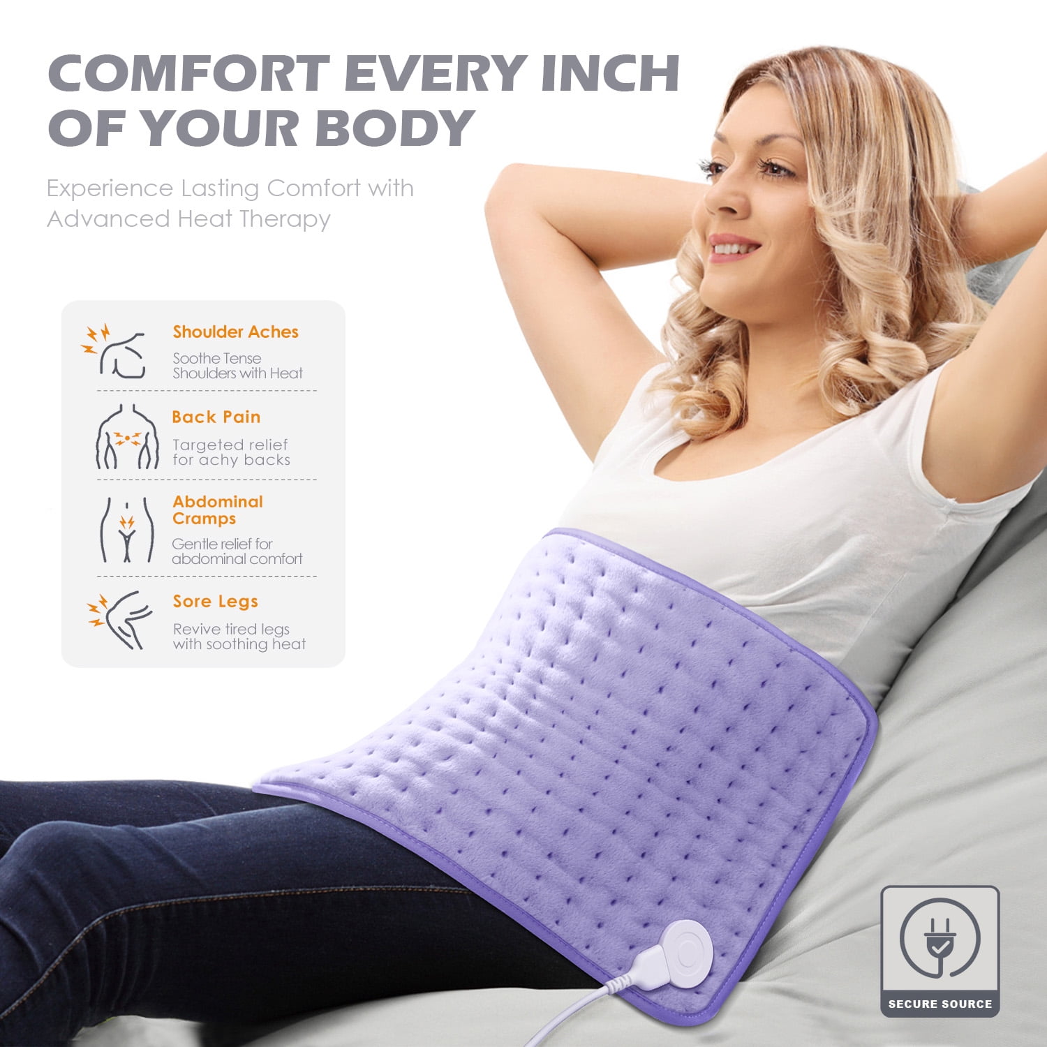 Glamigee Electric Heating Pad for Back Pain Relief - Neck & Shoulder Heat Pad - 6 Settings - Auto-off - Moist Heat - Washable - Purple