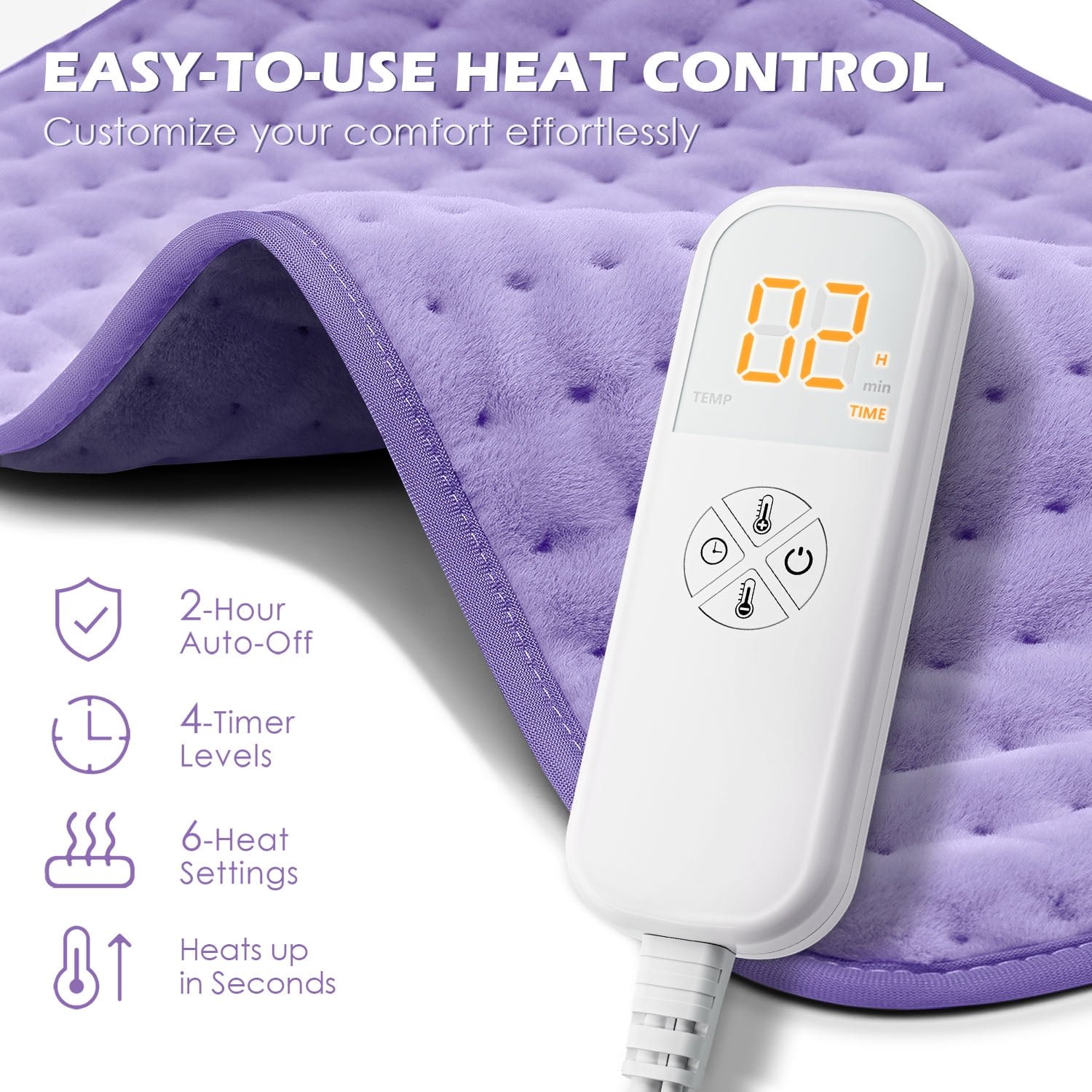 Glamigee Electric Heating Pad for Back Pain Relief - Neck & Shoulder Heat Pad - 6 Settings - Auto-off - Moist Heat - Washable - Purple