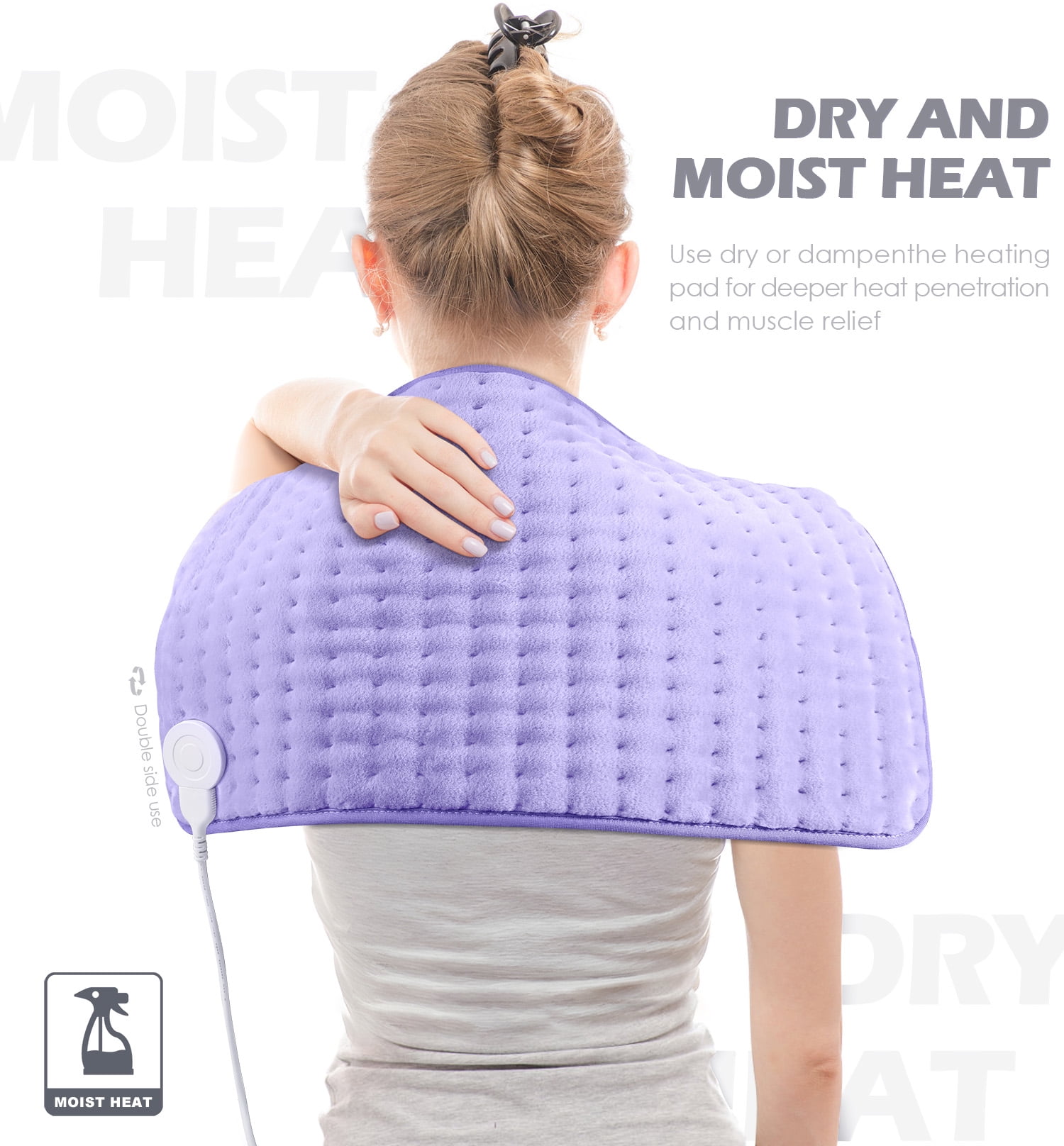 Glamigee Electric Heating Pad for Back Pain Relief - Neck & Shoulder Heat Pad - 6 Settings - Auto-off - Moist Heat - Washable - Purple