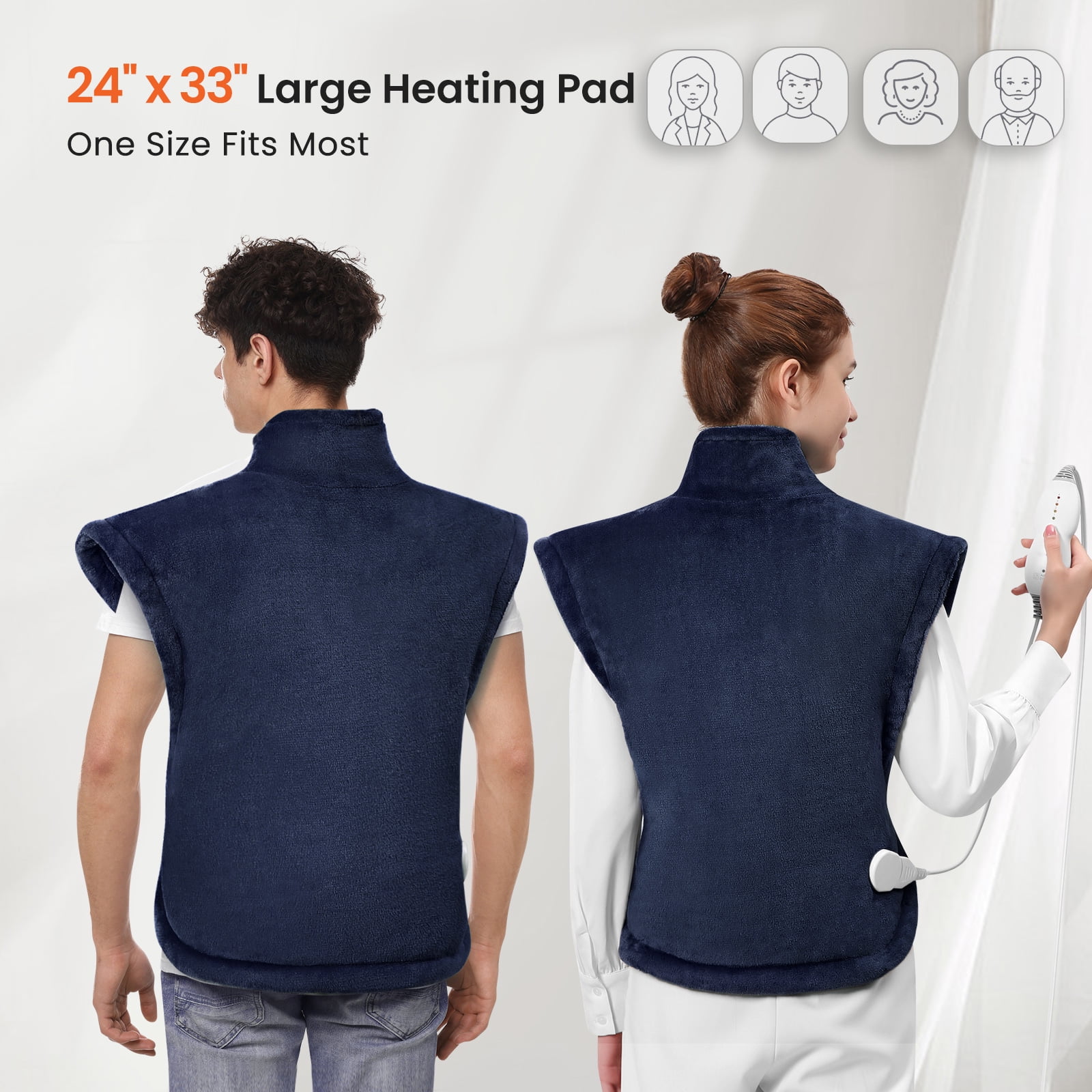 ENTIL LARGE HEATING PAD WITH 4 HEAT LEVELS & AUTO-OFF, BACK & SHOULDER WRAP, 24"X33" DARK BLUE