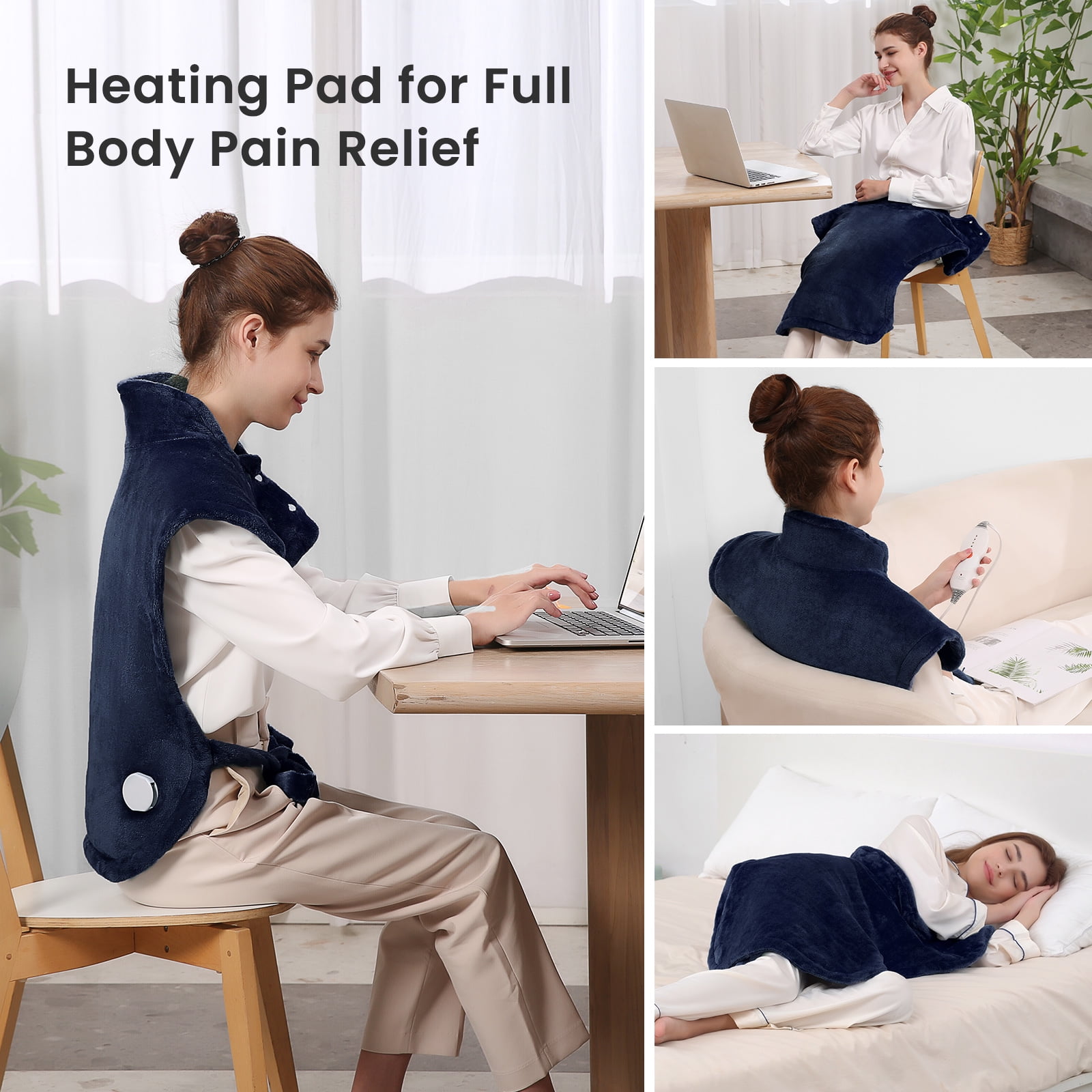 ENTIL LARGE HEATING PAD WITH 4 HEAT LEVELS & AUTO-OFF, BACK & SHOULDER WRAP, 24"X33" DARK BLUE