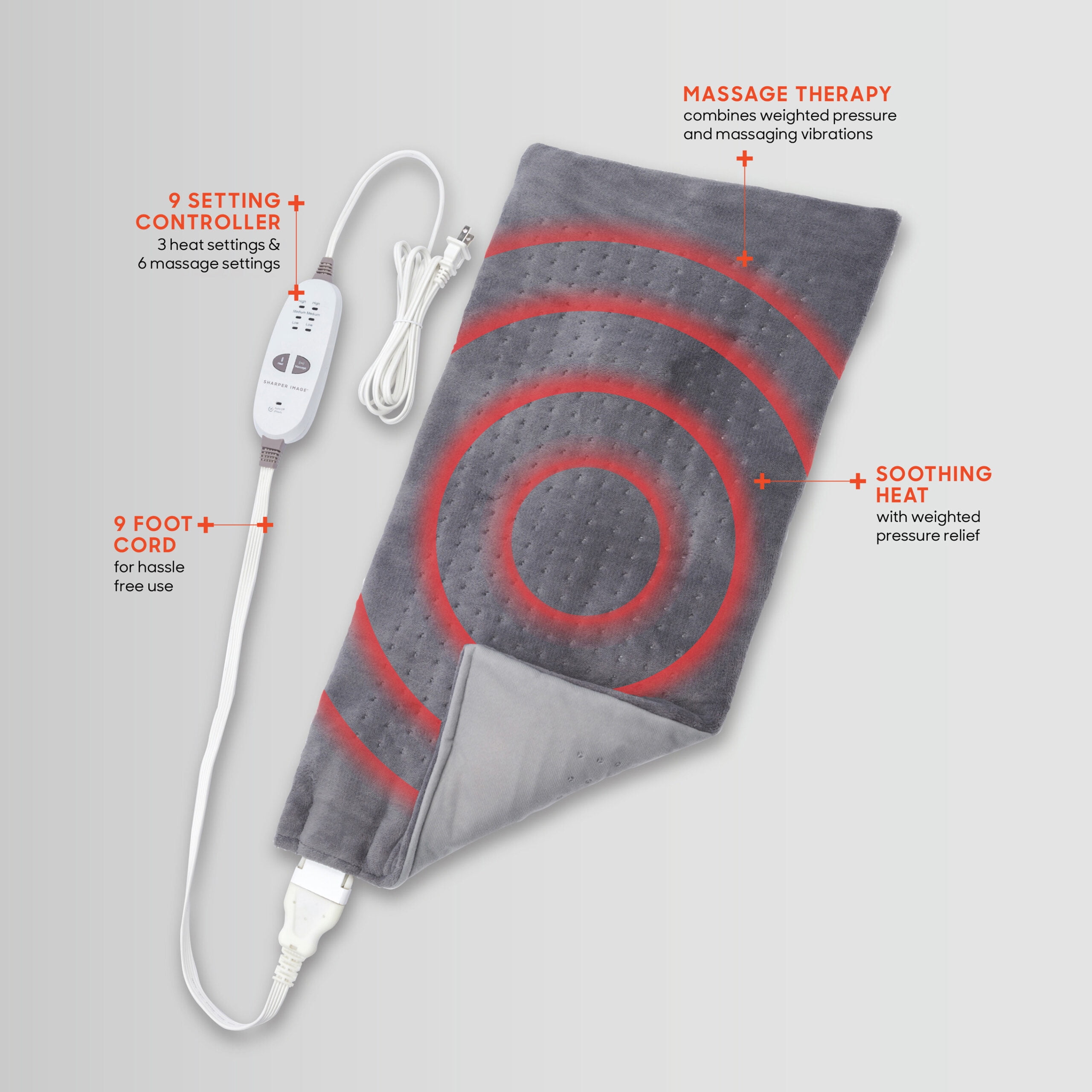 CALMING COMFORT HEAT MASSAGING WEIGHTED PAD - 9 SETTINGS, 4 LBS, 12" X 24" - GREY'