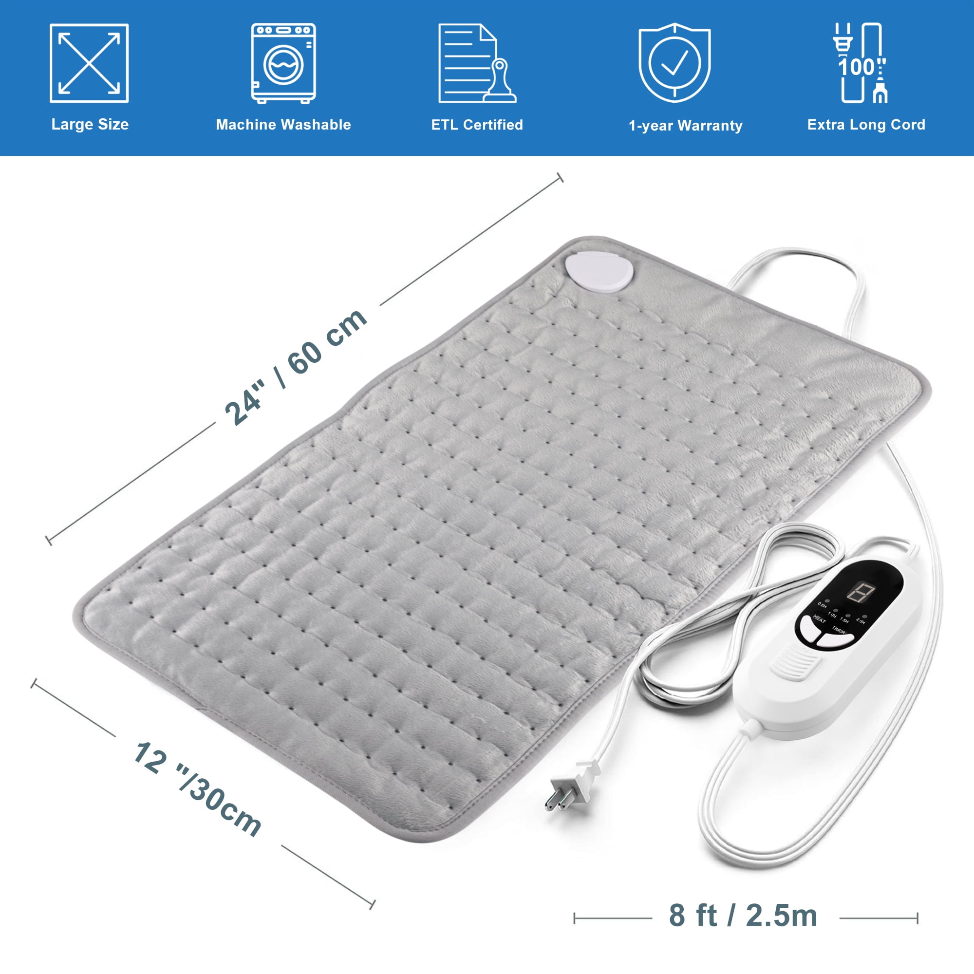 TCVOR FLANNEL ELECTRIC HEATING PAD 12" X 24" FOR BACK PAIN RELIEF - FAST HEATING, 6 HEAT SETTINGS