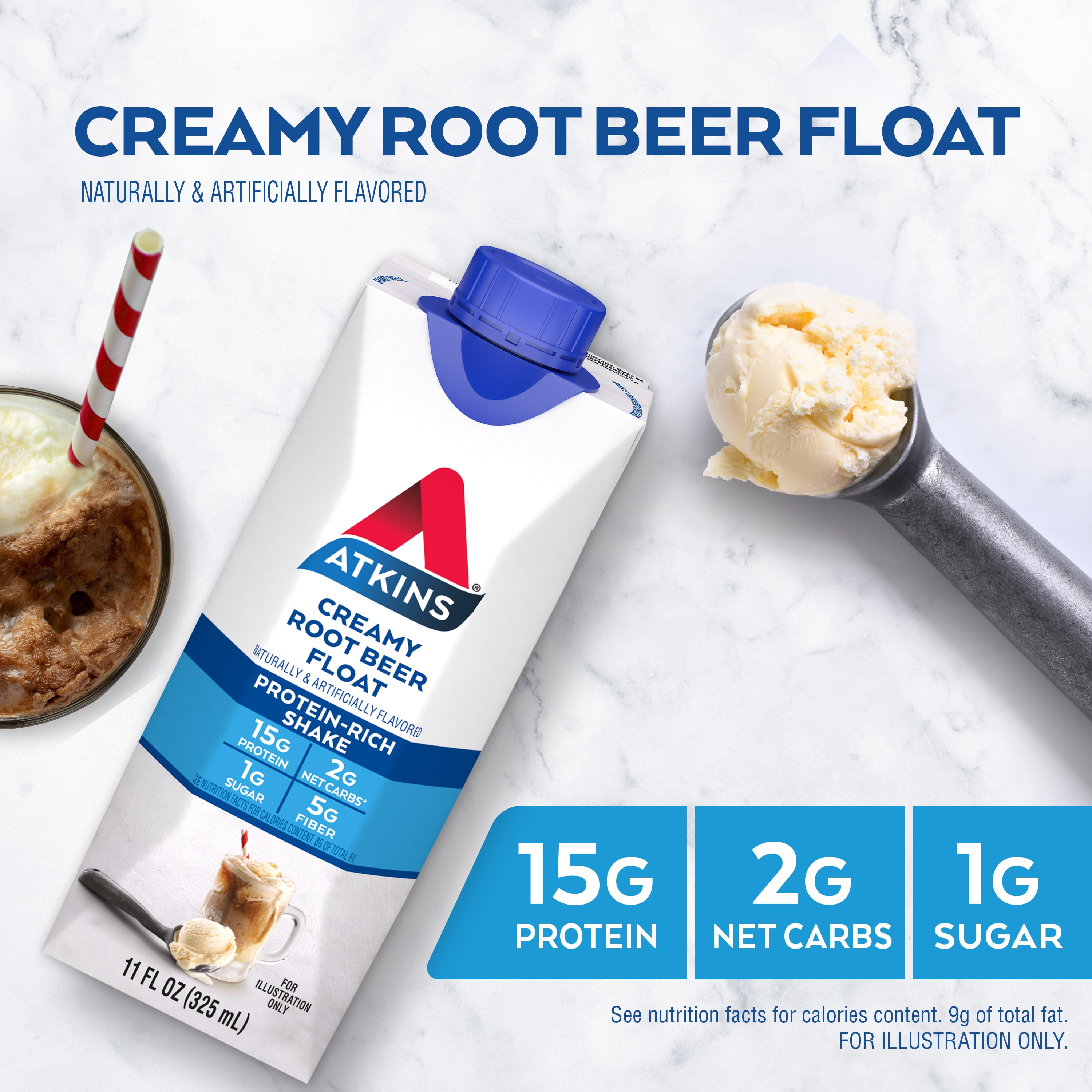 Atkins Low Glycemic Protein Shake, Creamy Root Beer Float Flavor, 11 fl oz, 4-Pack