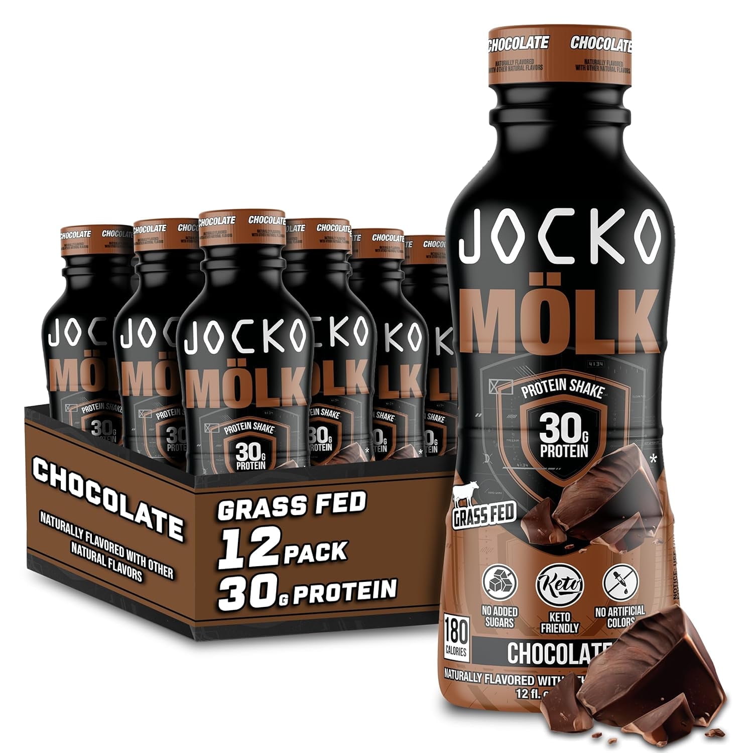 Jocko Mölk Grass Fed Protein Shakes - Chocolate, 30g, Ready to Drink, 12 FL Oz (12 Pack)