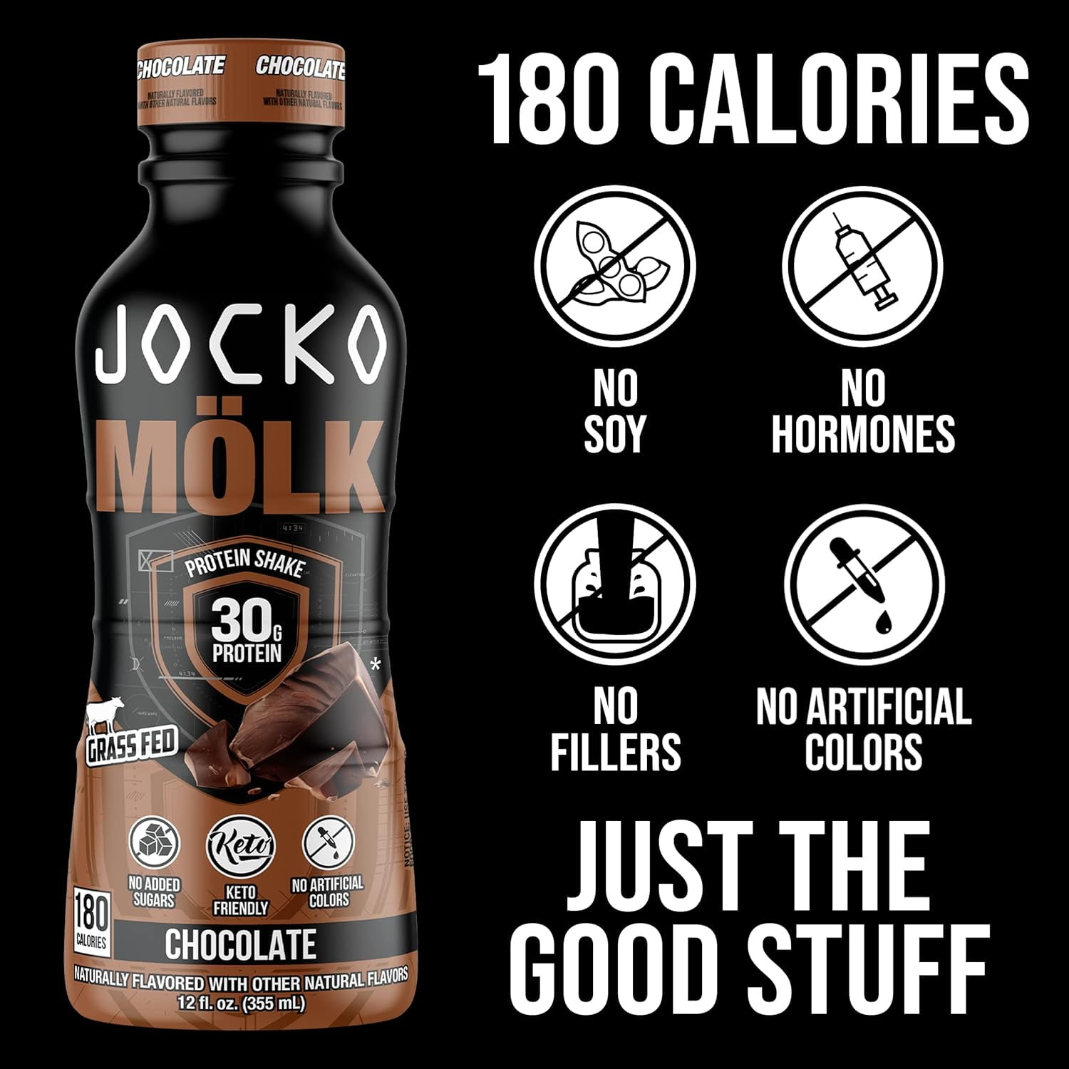 Jocko Mölk Grass Fed Protein Shakes - Chocolate, 30g, Ready to Drink, 12 FL Oz (12 Pack)