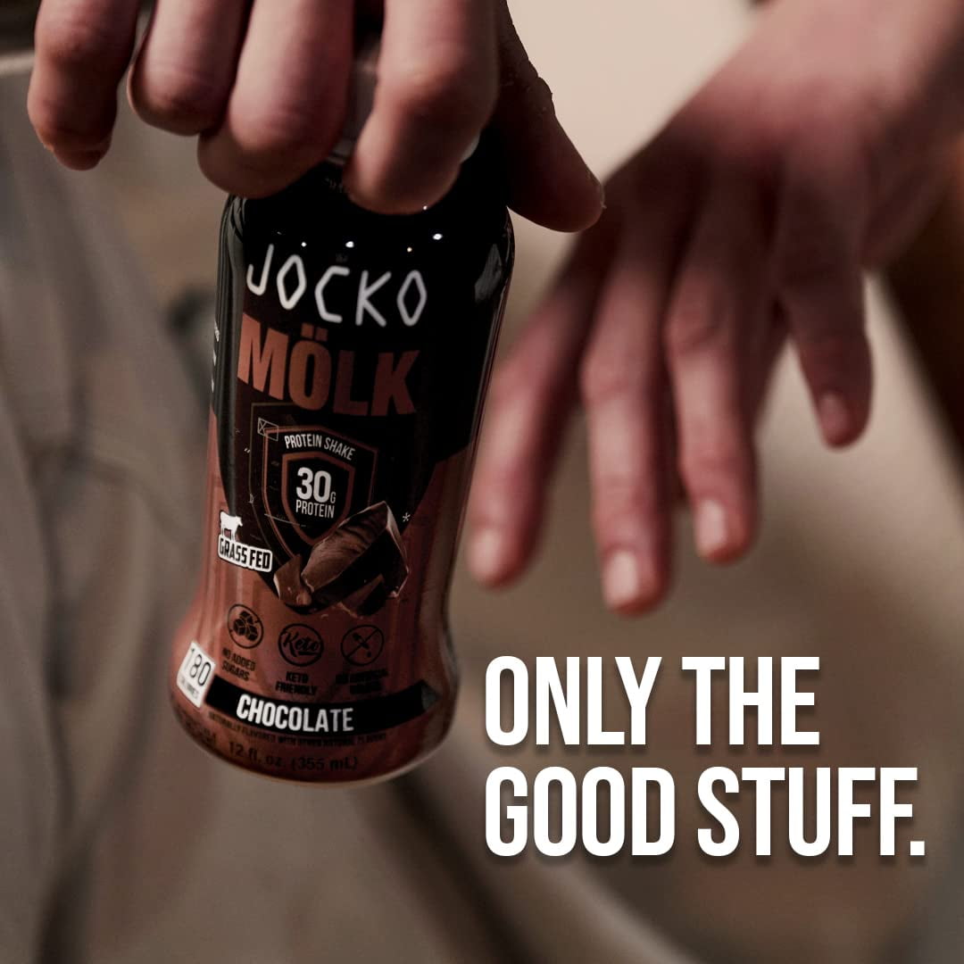 Jocko Mölk Grass Fed Protein Shakes - Chocolate, 30g, Ready to Drink, 12 FL Oz (12 Pack)