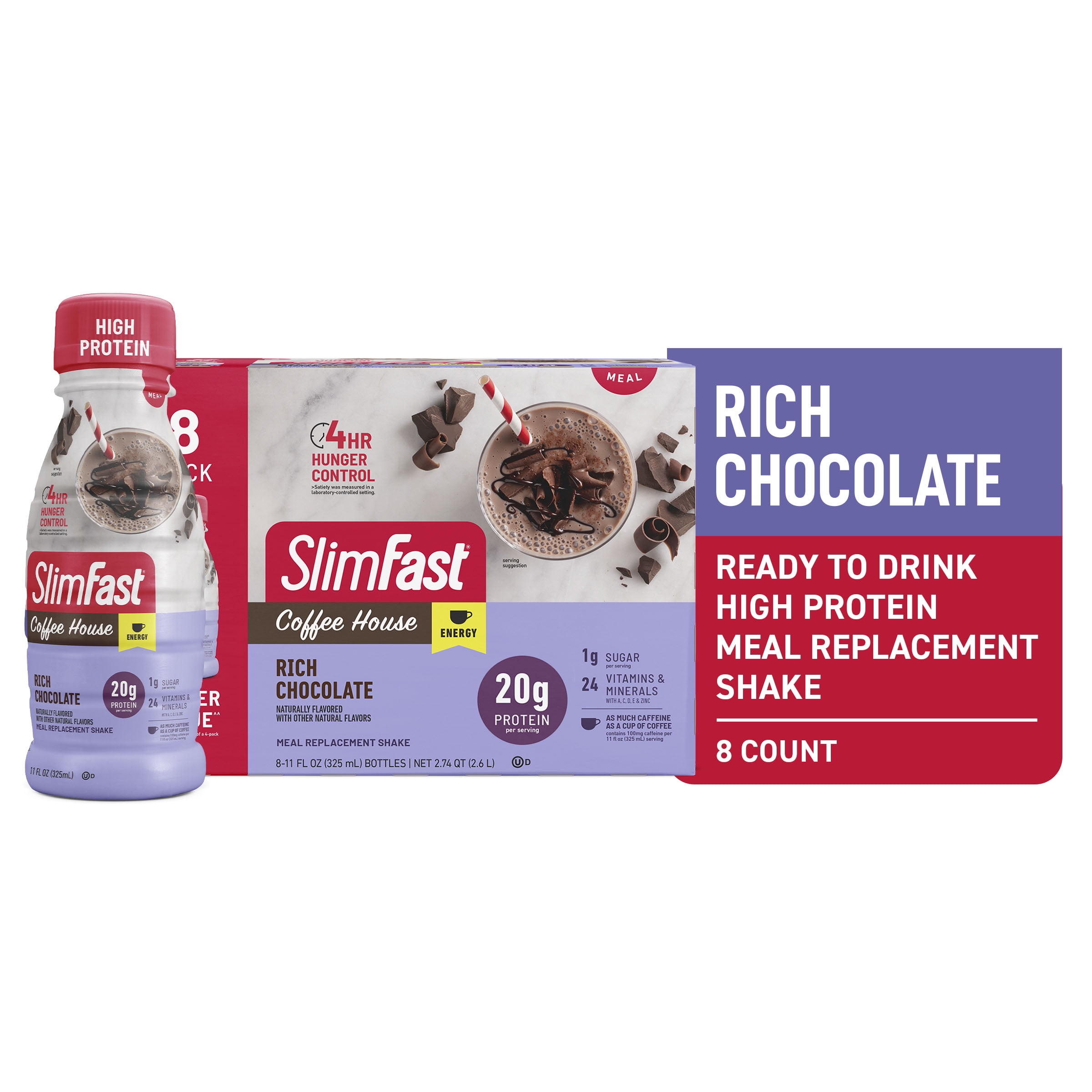 SlimFast High Protein Shake, Rich Chocolate, 11 fl oz Bottle, 8 Pack - Energy Boost