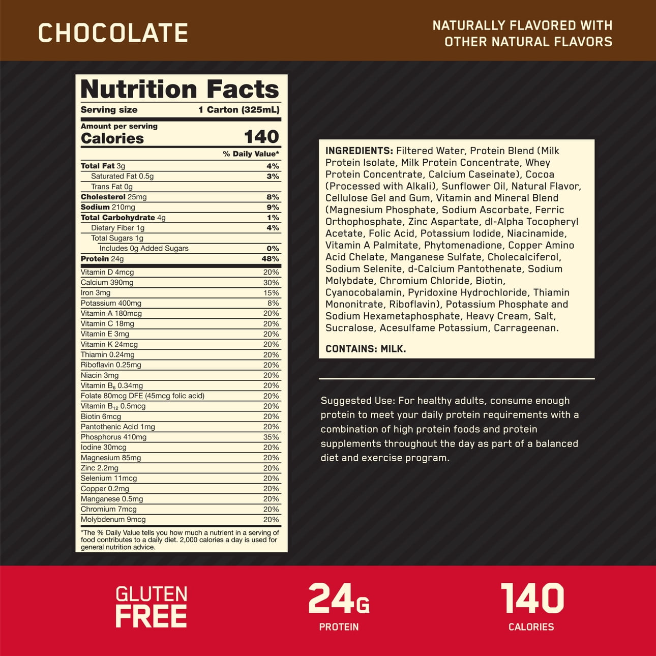 OPTIMUM NUTRITION CHOCOLATE PROTEIN SHAKE, 24G PROTEIN, READY-TO-DRINK PROTEIN BEVERAGES11 FL OZ, PACK OF 4'