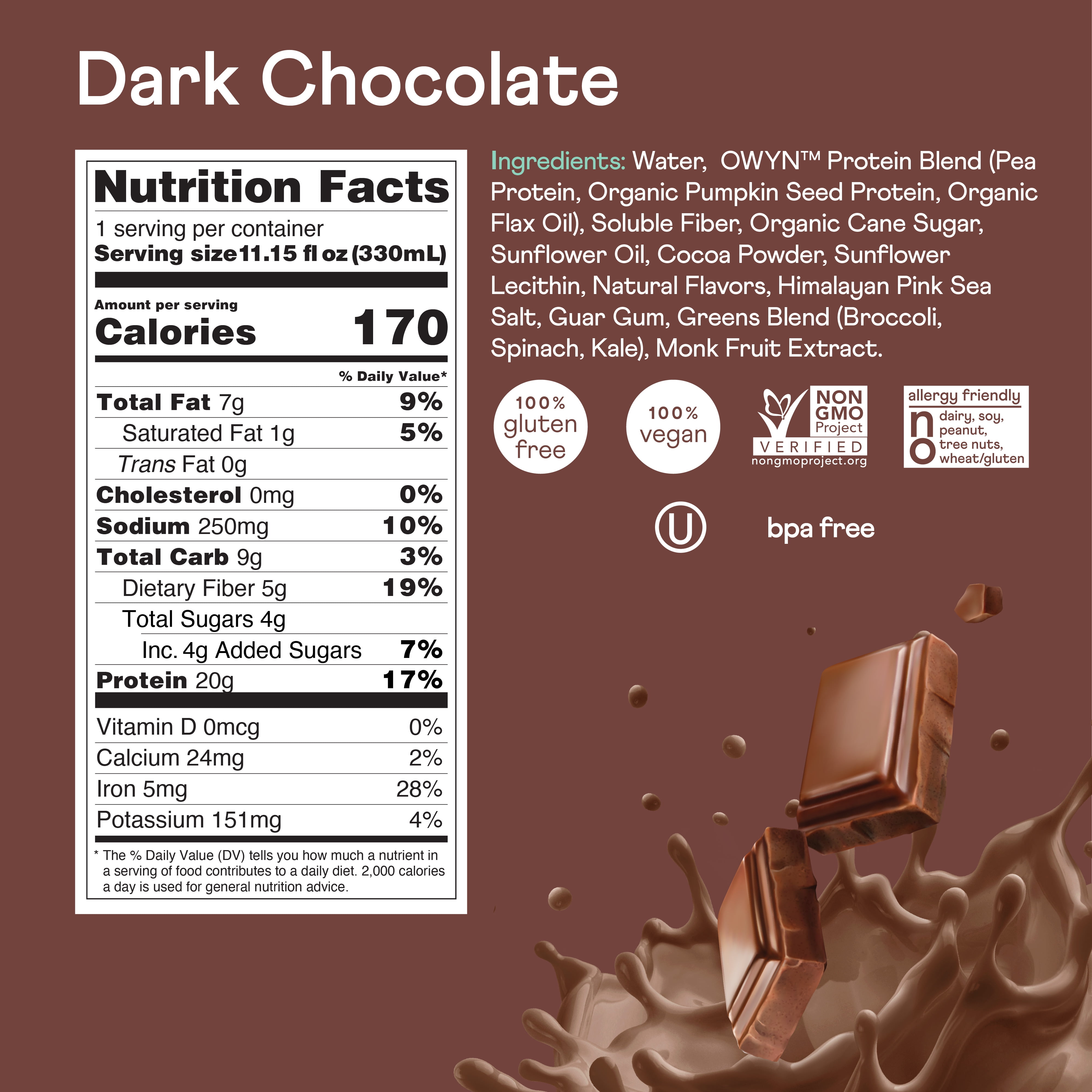 OWYN DARK CHOCOLATE PROTEIN SHAKE 4 CT - 20G, VEGAN, GLUTEN-FREE