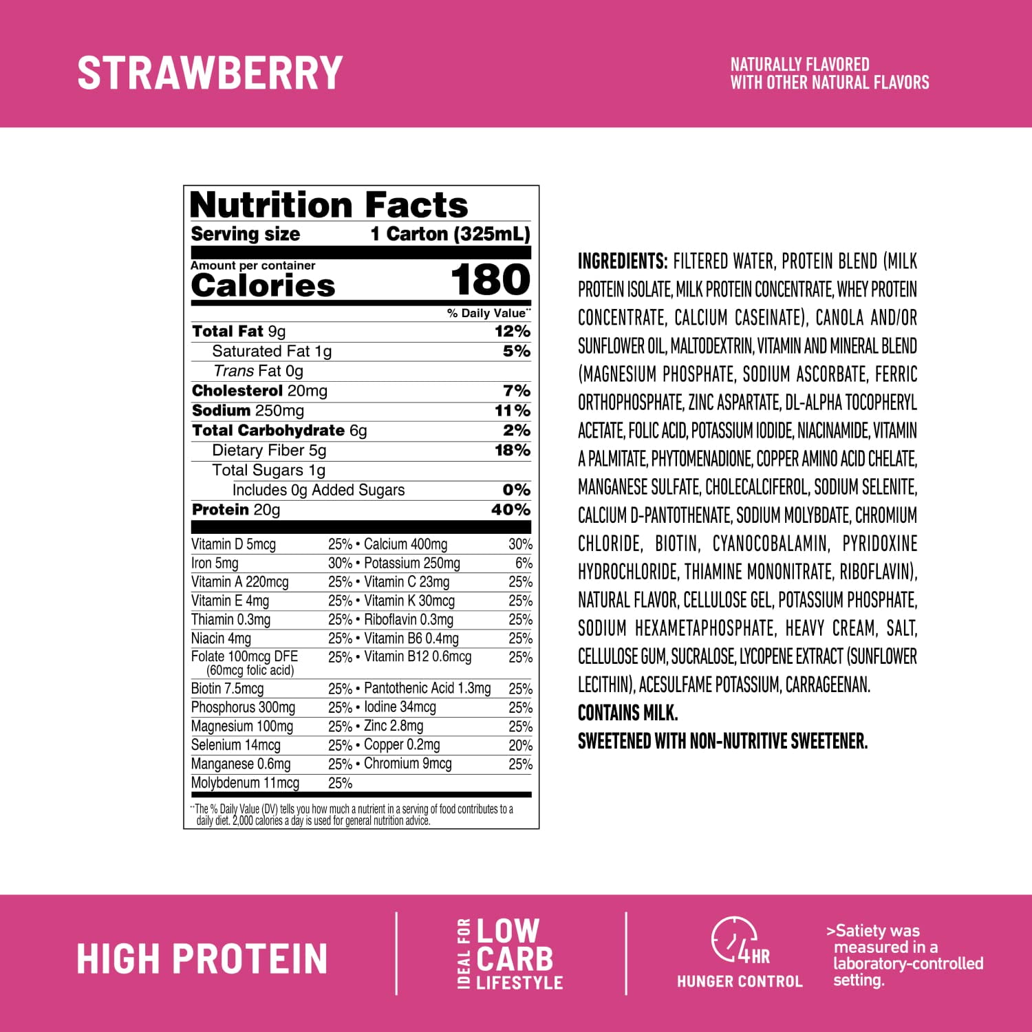 Strawberry Protein Shake, 20g Protein, Meal Replacement Drink, High Protein Low Carb & Sugar, 24 Vitamins & Minerals, 12 Pack
