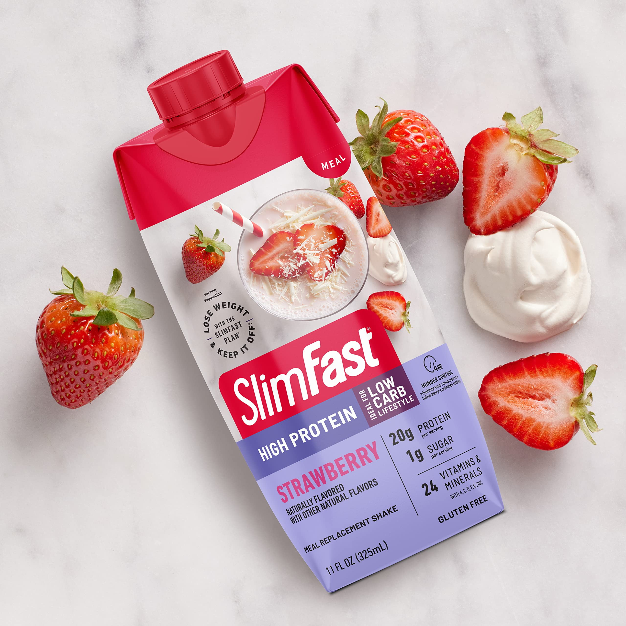 Strawberry Protein Shake, 20g Protein, Meal Replacement Drink, High Protein Low Carb & Sugar, 24 Vitamins & Minerals, 12 Pack