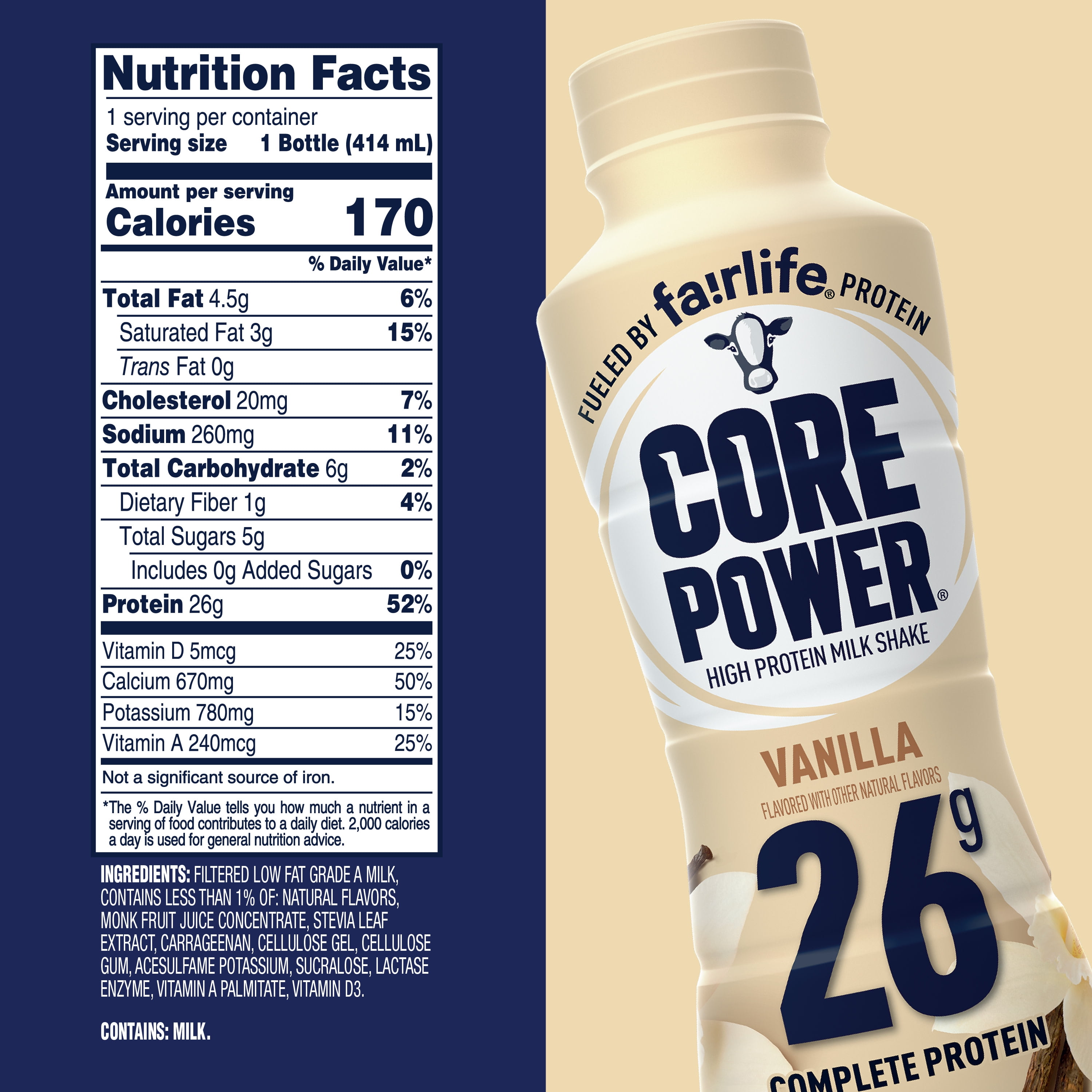 CORE POWER FAIRLIFE MILK VANILLA PROTEIN SHAKE, 4-PACK - 26G PROTEIN, 14 FL OZ